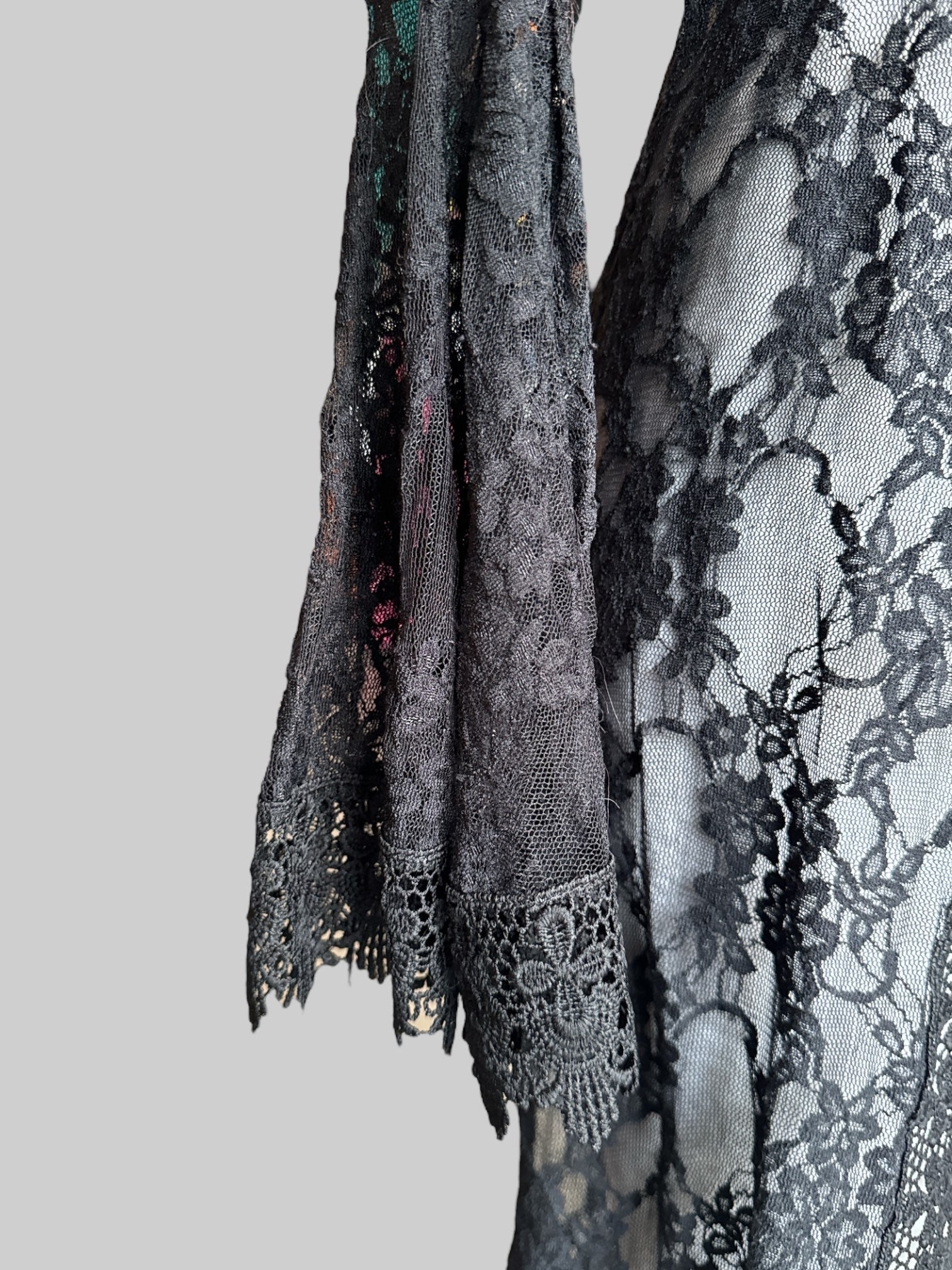 S Black lacey maxi stretchy flowy cardigan with sheer bell sleeves