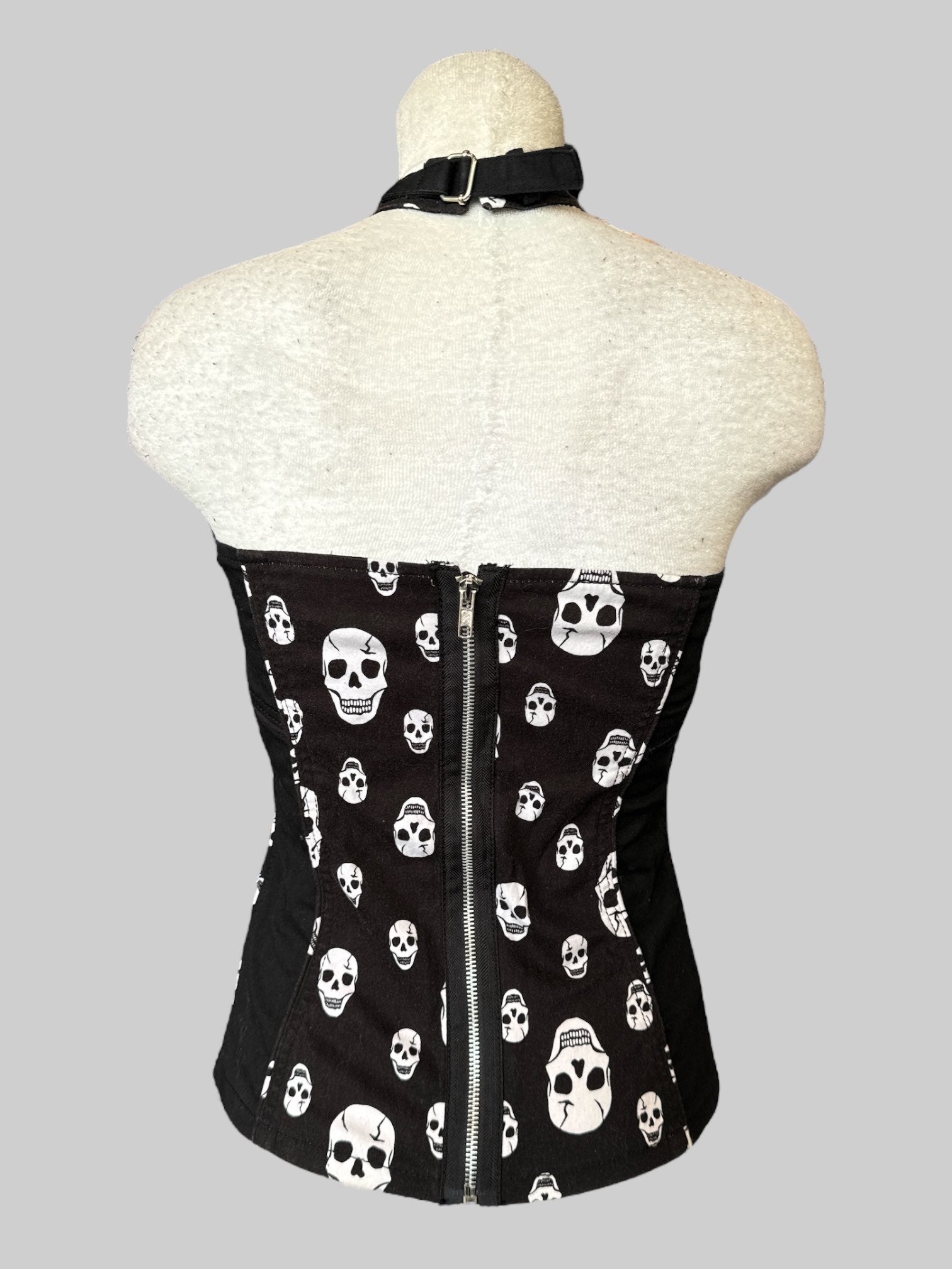 XL Royal bones halter corset top with faux clasps, back zipper, and skeleton pattern