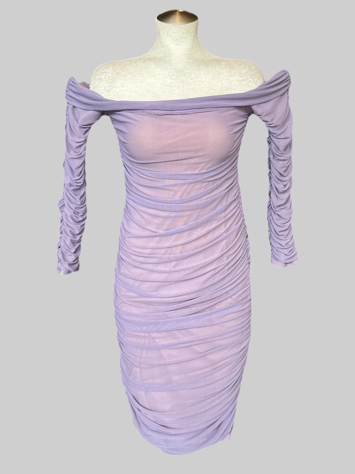 S Off the shoulder tan dress with sheer ruched purple overlay
