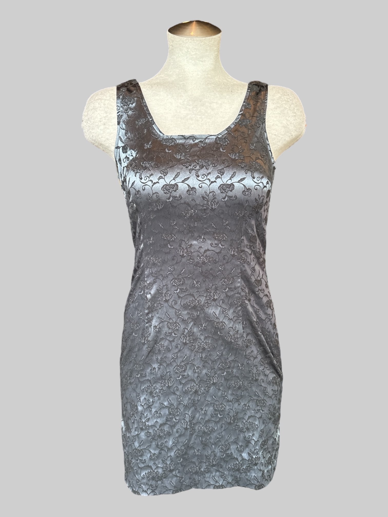 S Vintage greenish silver short dress with textured botanicals