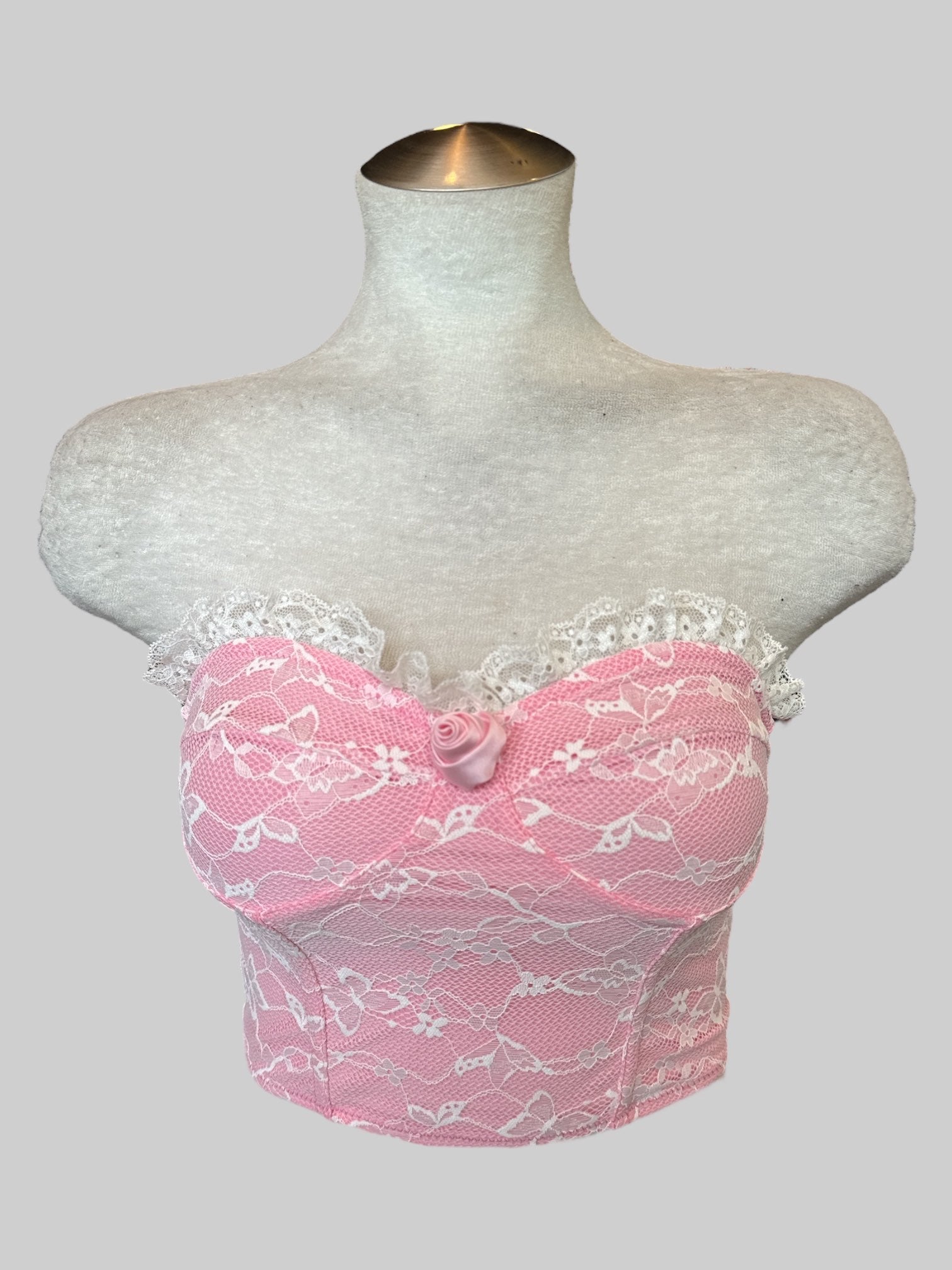 XS Pink corset style top with lace and rose embellishment