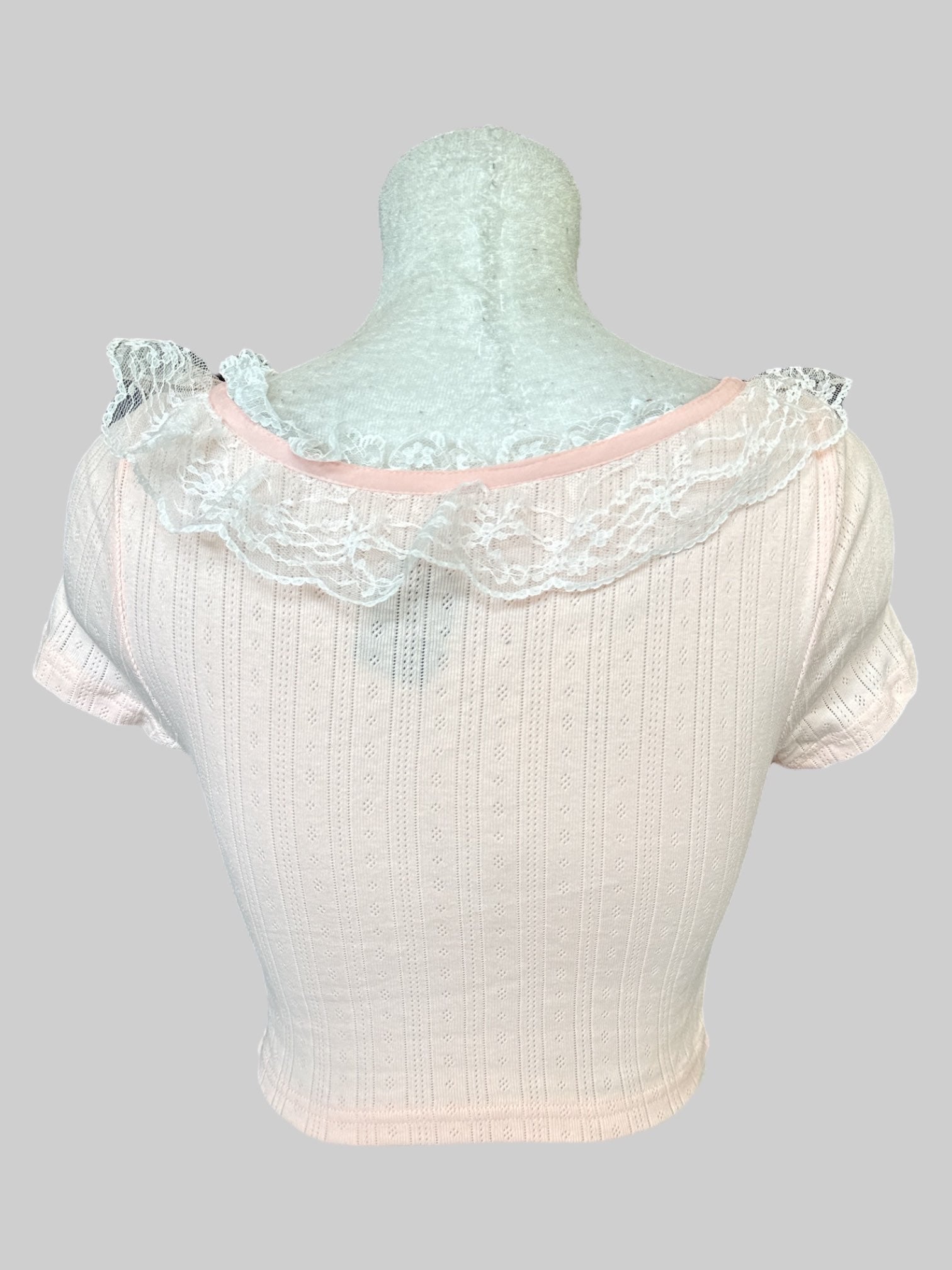 S Light pink knit pattern crop top with bow and lace