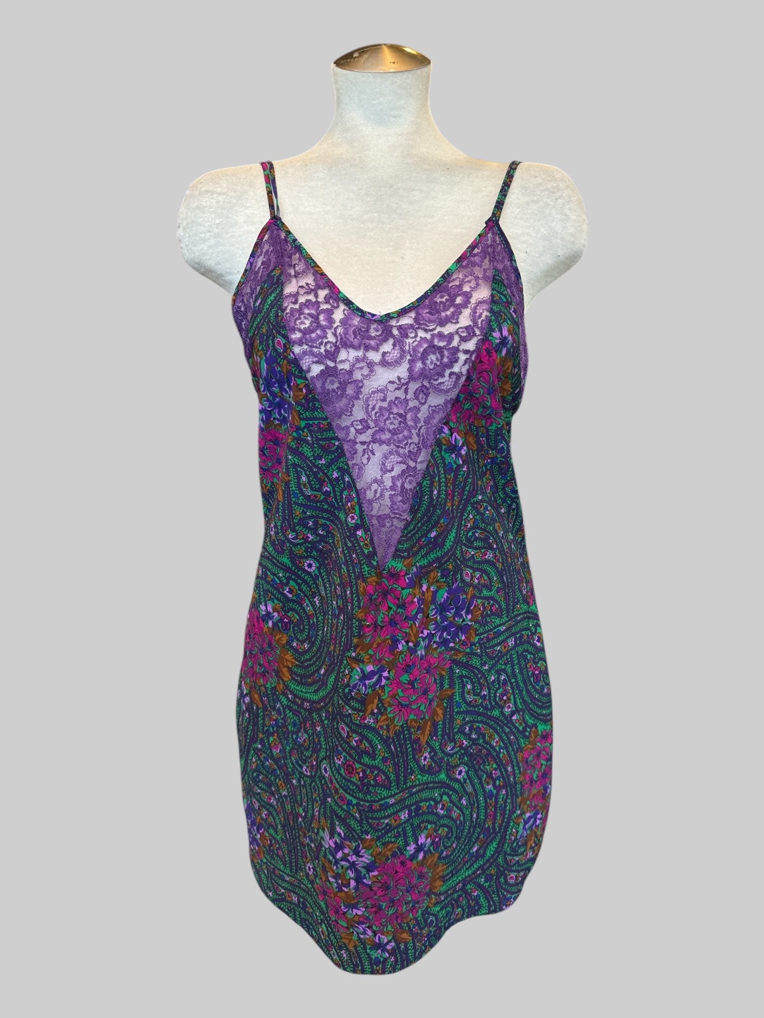 M Vintage Victoria’s Secret lingerie dress with purple lace and multicolor floral pattern