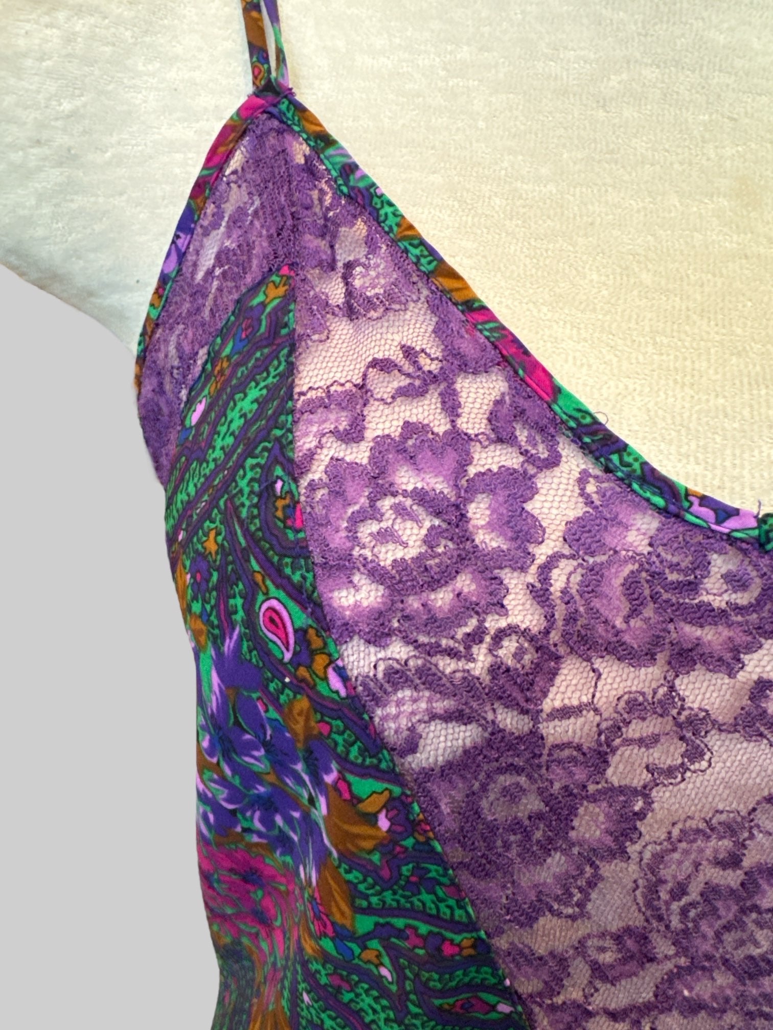 M Vintage Victoria’s Secret lingerie dress with purple lace and multicolor floral pattern
