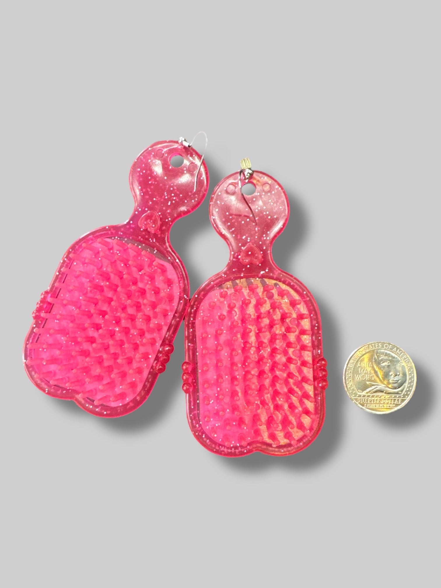 Pink “slay girl slay” pink glittery hair brush earrings