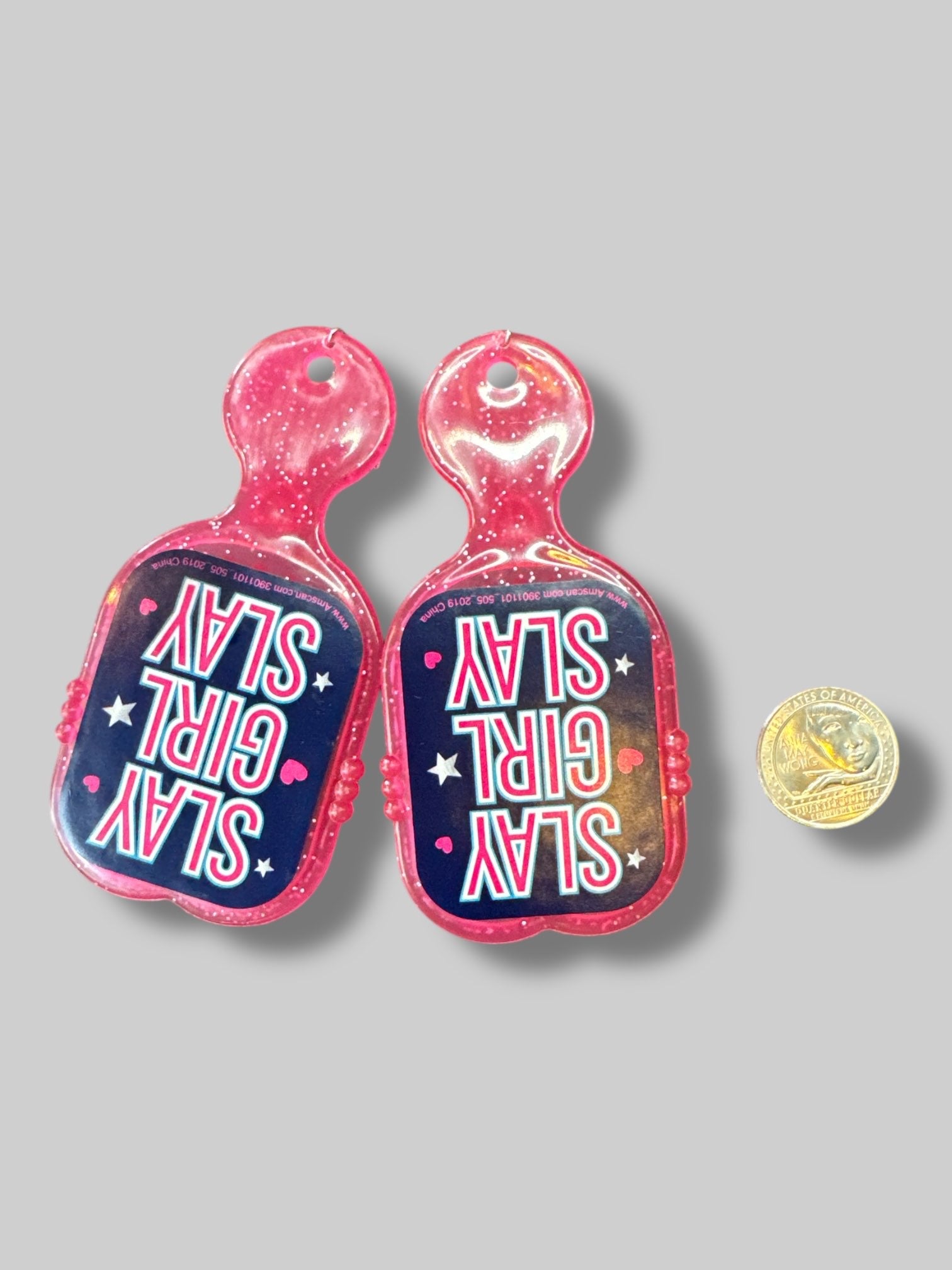 Pink “slay girl slay” pink glittery hair brush earrings
