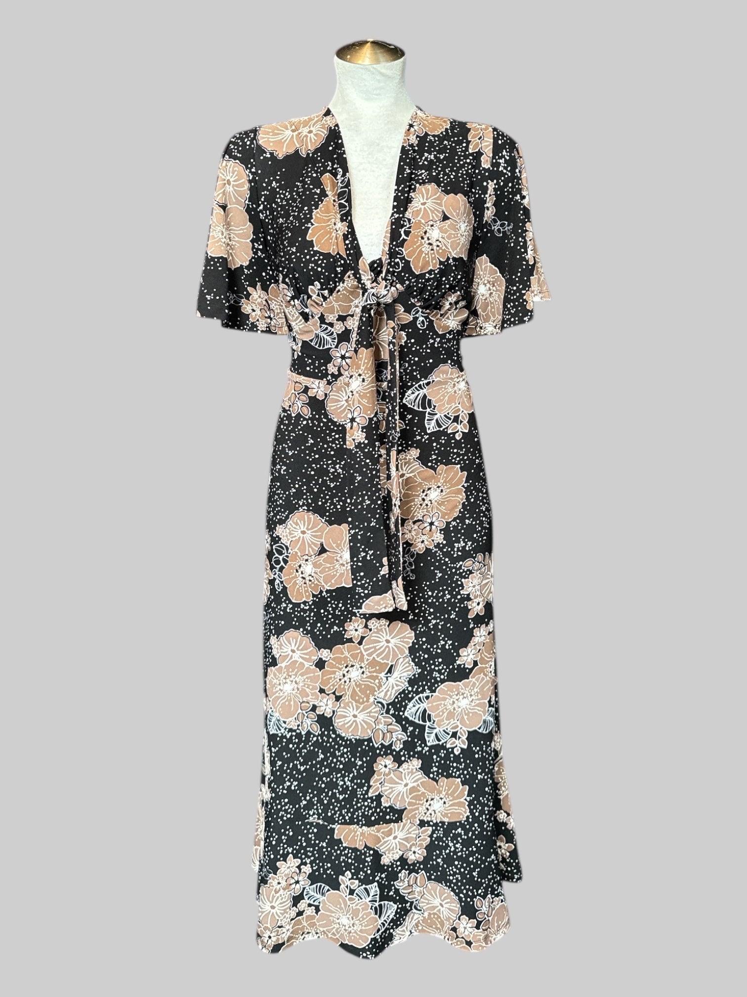 XL Black flowy and stretchy long dress with white polka dots and brown florals