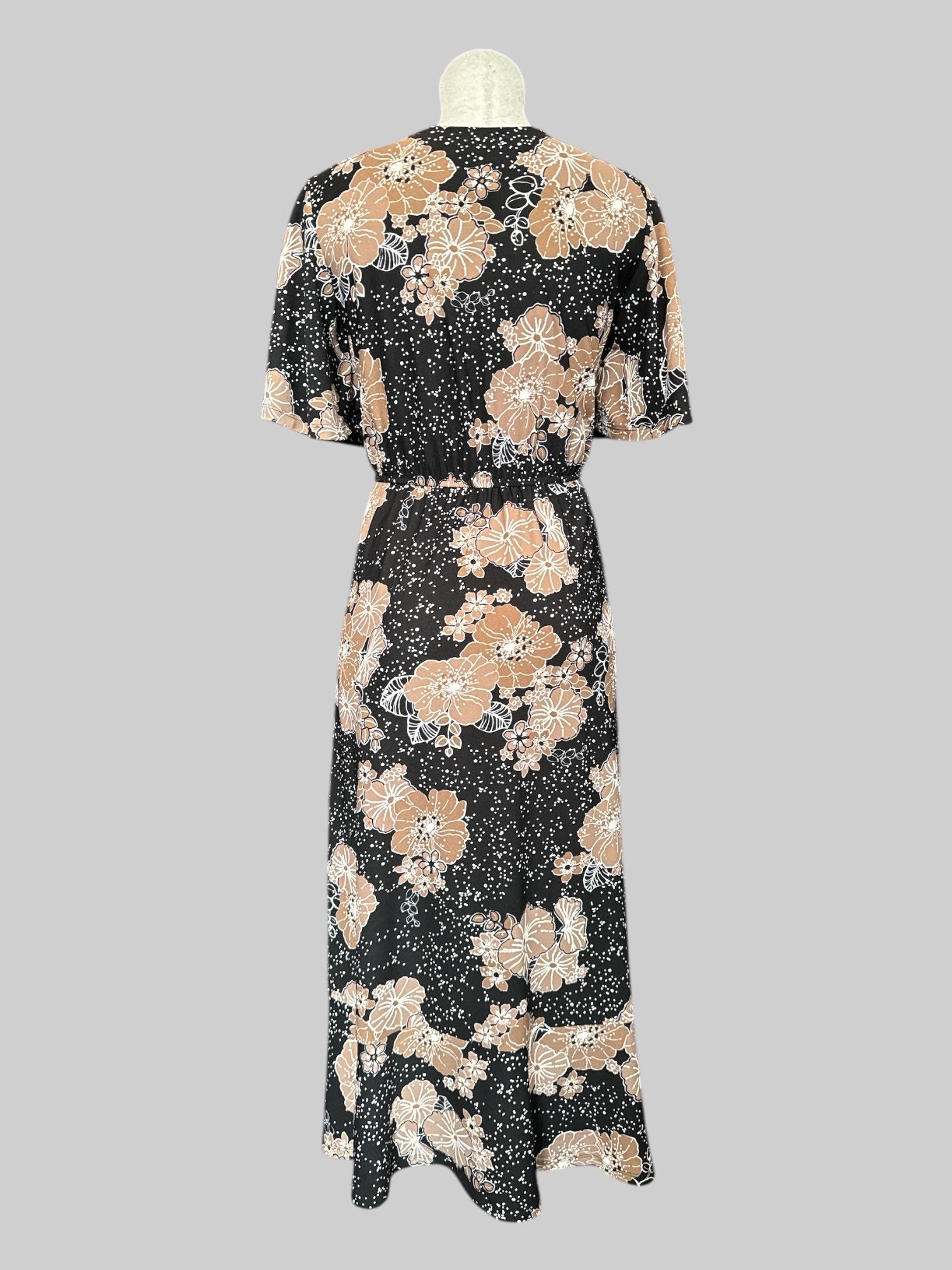 XL Black flowy and stretchy long dress with white polka dots and brown florals