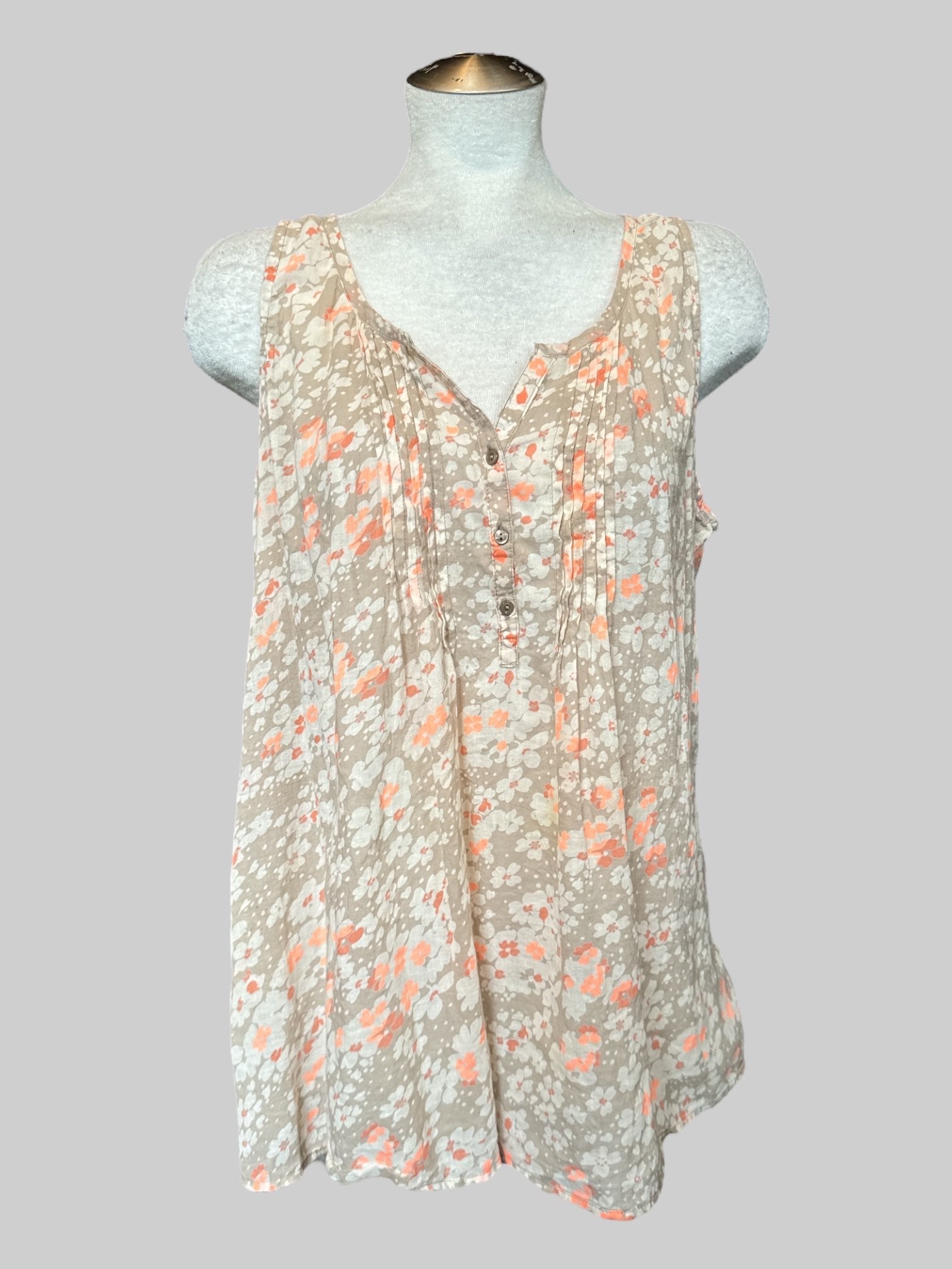 XL Tan lightweight sleeveless flowy top with white and pink florals