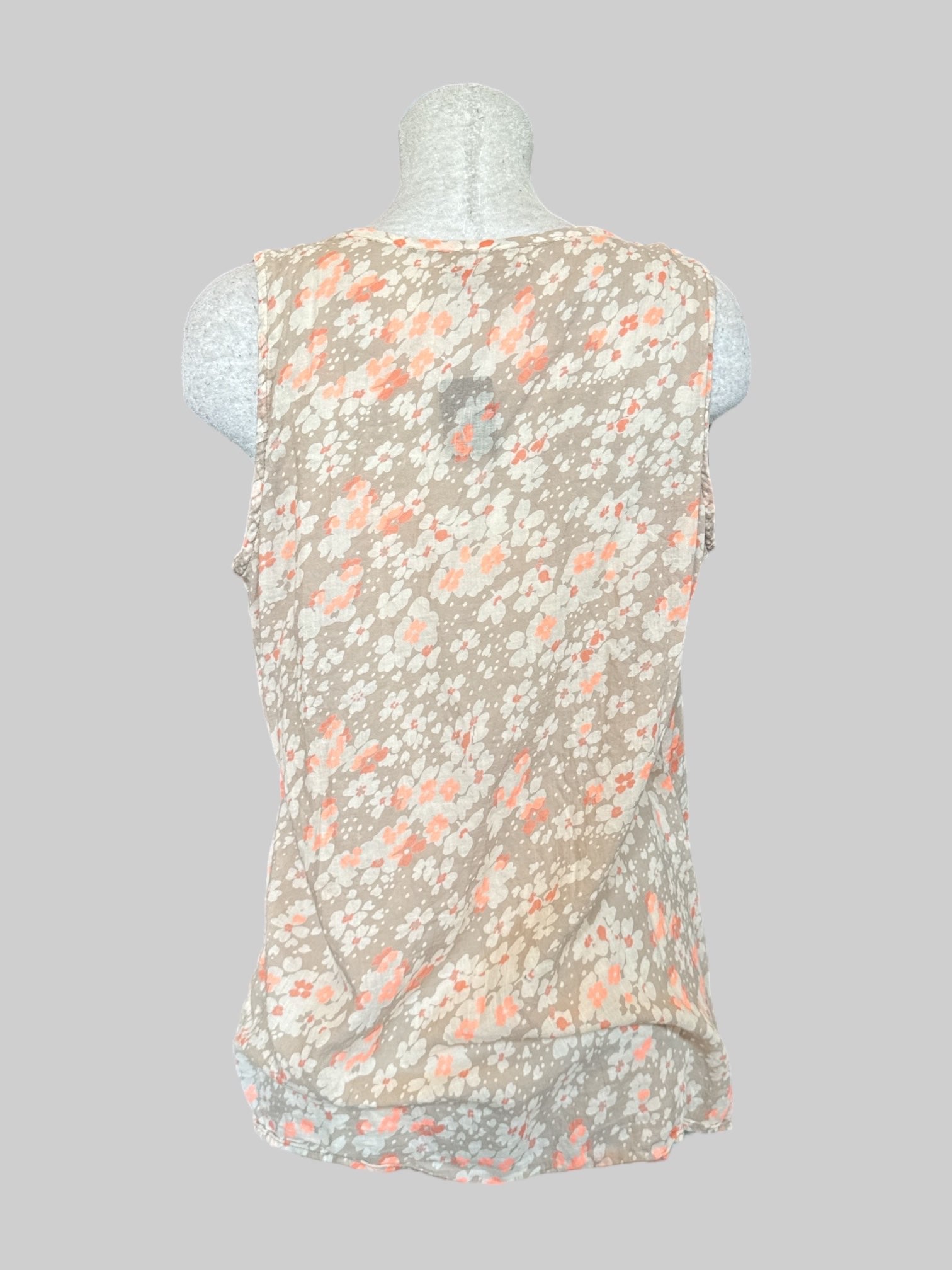 XL Tan lightweight sleeveless flowy top with white and pink florals