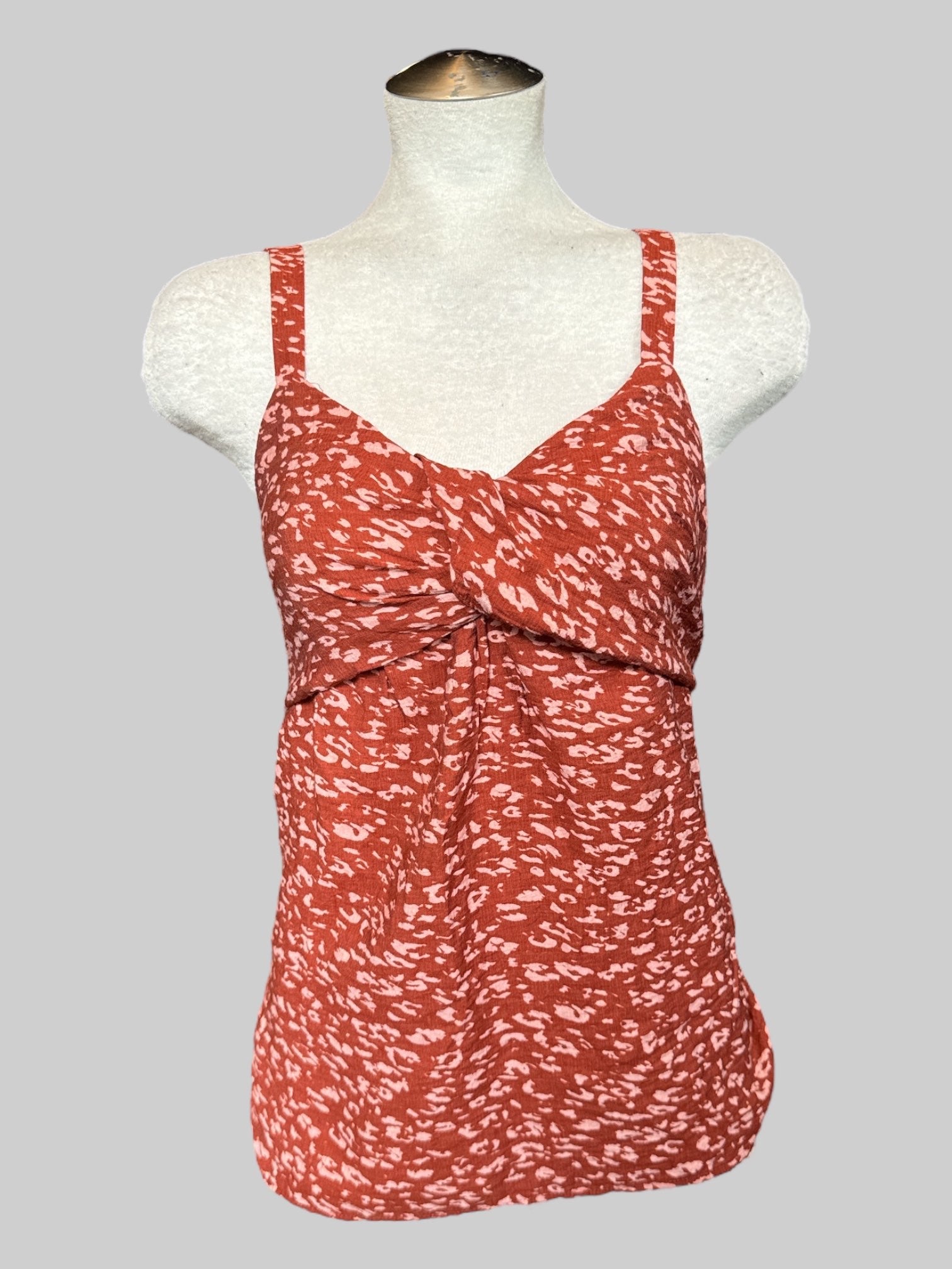 0X Brownish orange flowy top with pink animal print pattern and shirred back