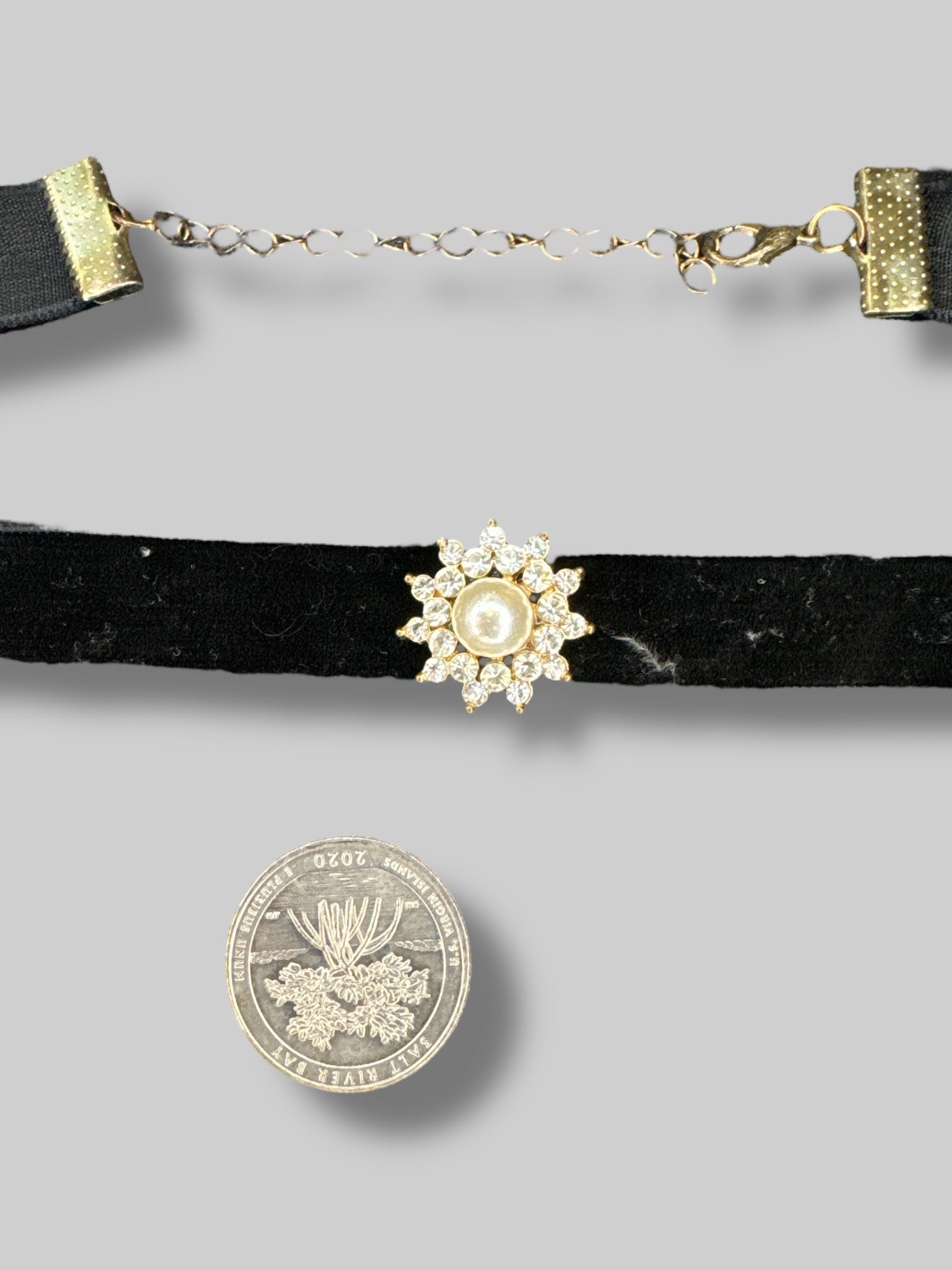 Black velvet choker with pearl and gem pendant