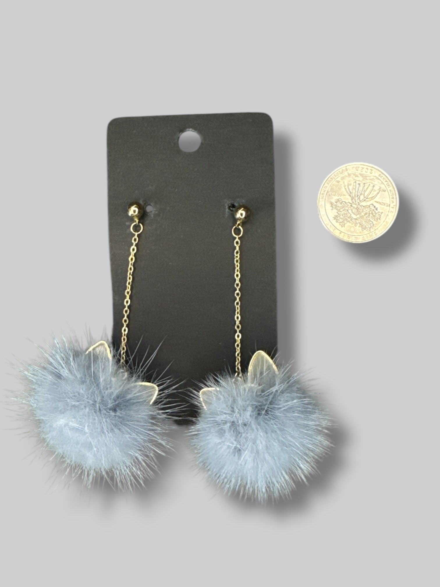 Grey fuzzy cat ear dangling earrings