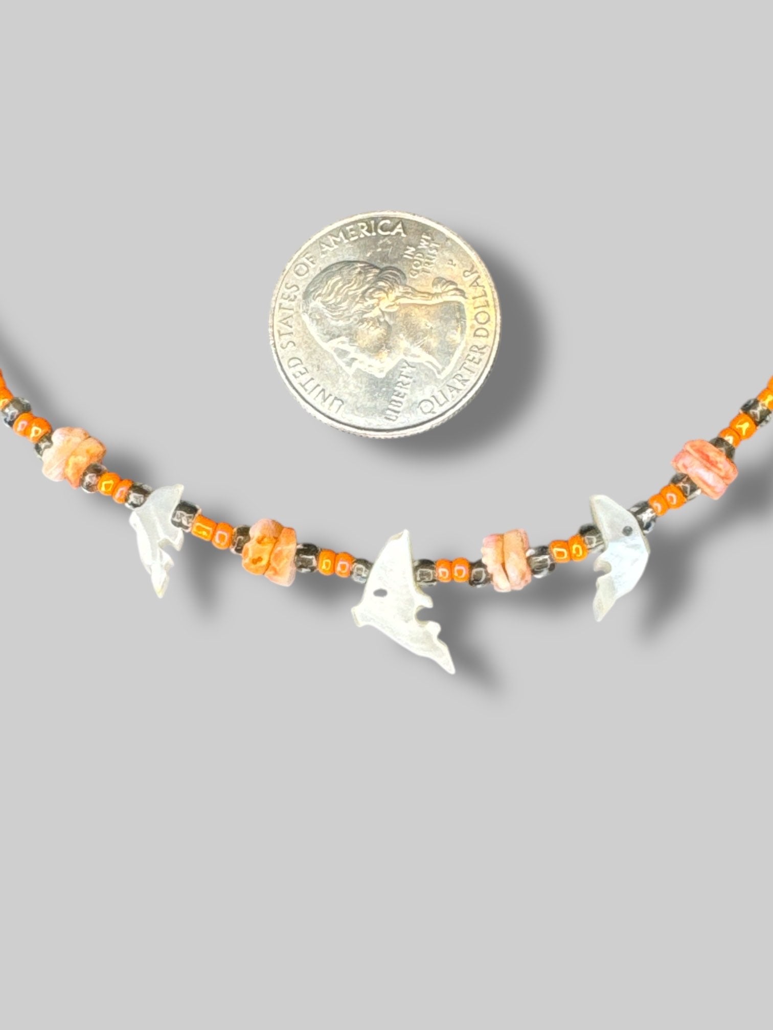 Vintage orange beaded necklace with abalone sea creatures