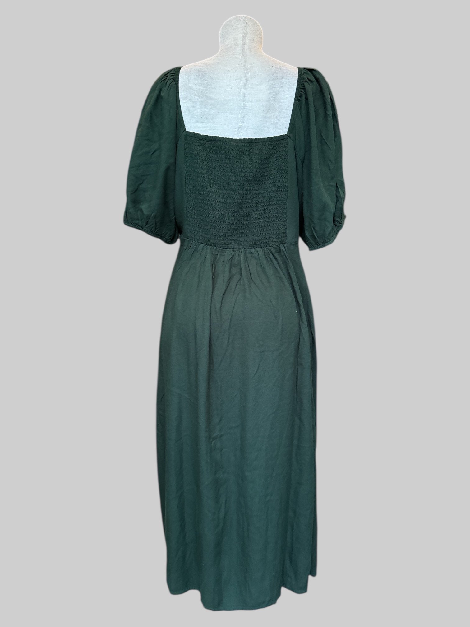 2X NWT dark green flowy and stretchy dress with shirred back, pockets, and balloon sleeves