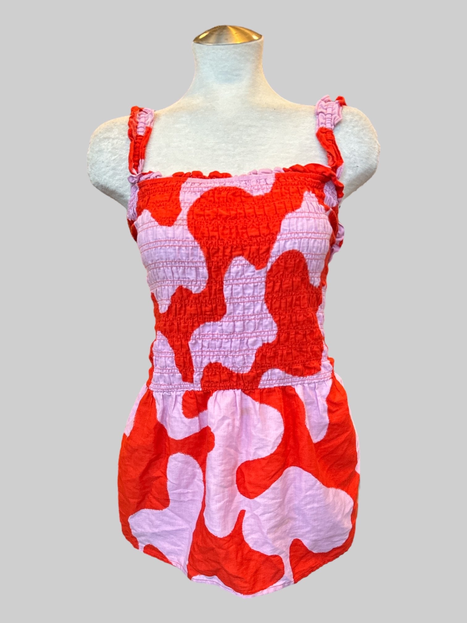 2X Stretchy and flowy pink and red sleeveless top with ruffle straps and shirred front and back