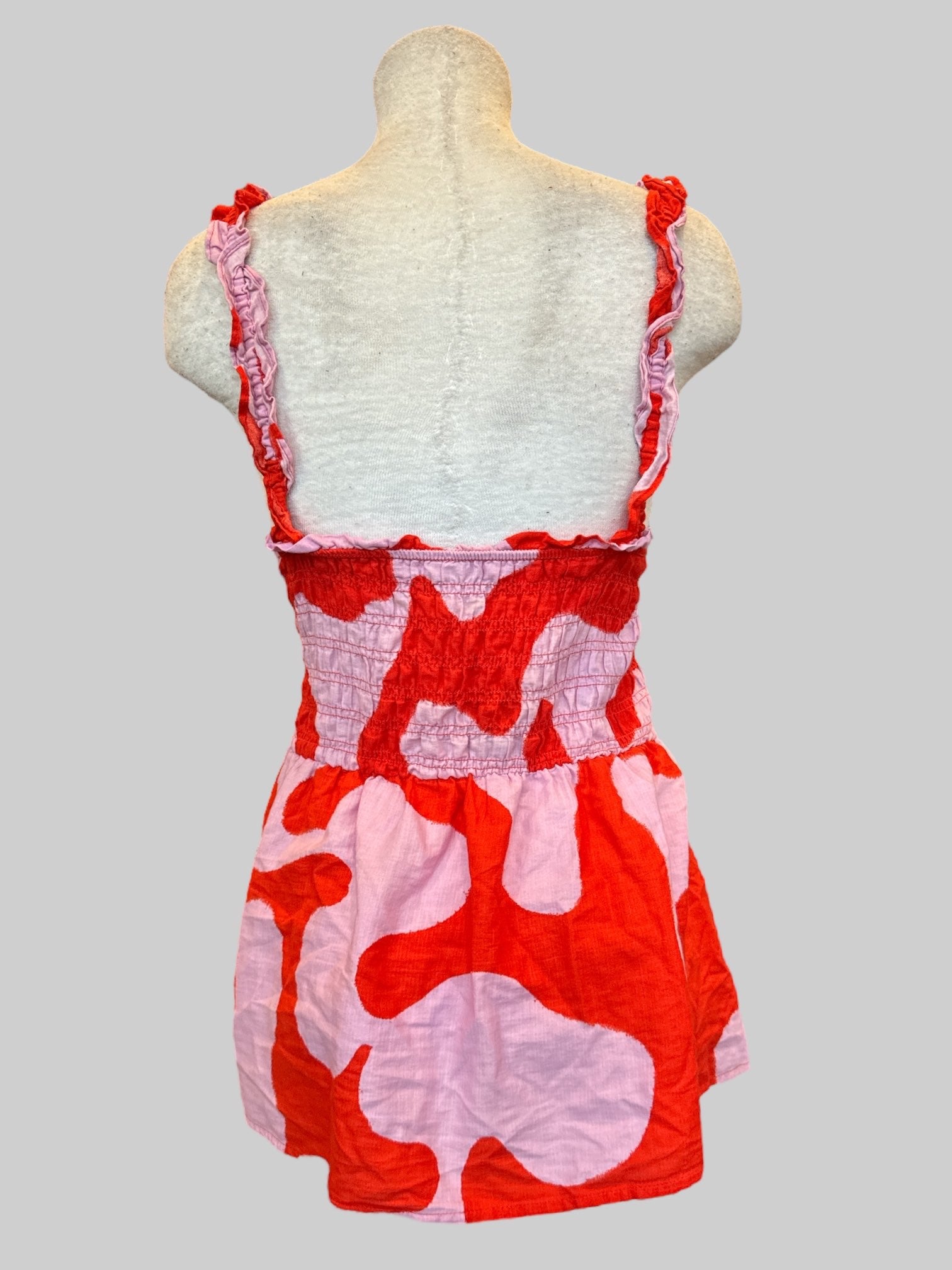 2X Stretchy and flowy pink and red sleeveless top with ruffle straps and shirred front and back