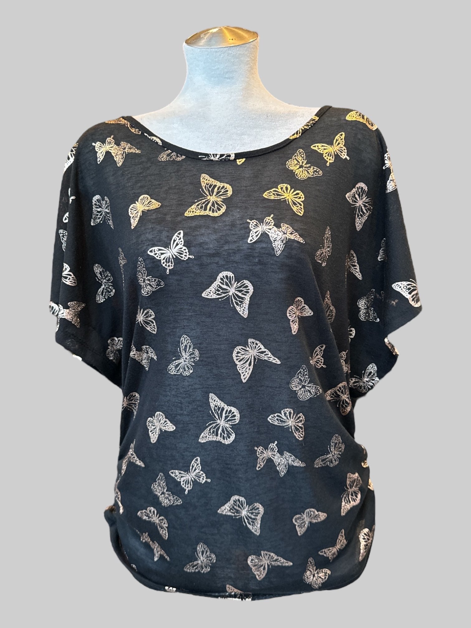 2X Sheer black flowy stretchy top with gold glittery butterflies and ruching on sides