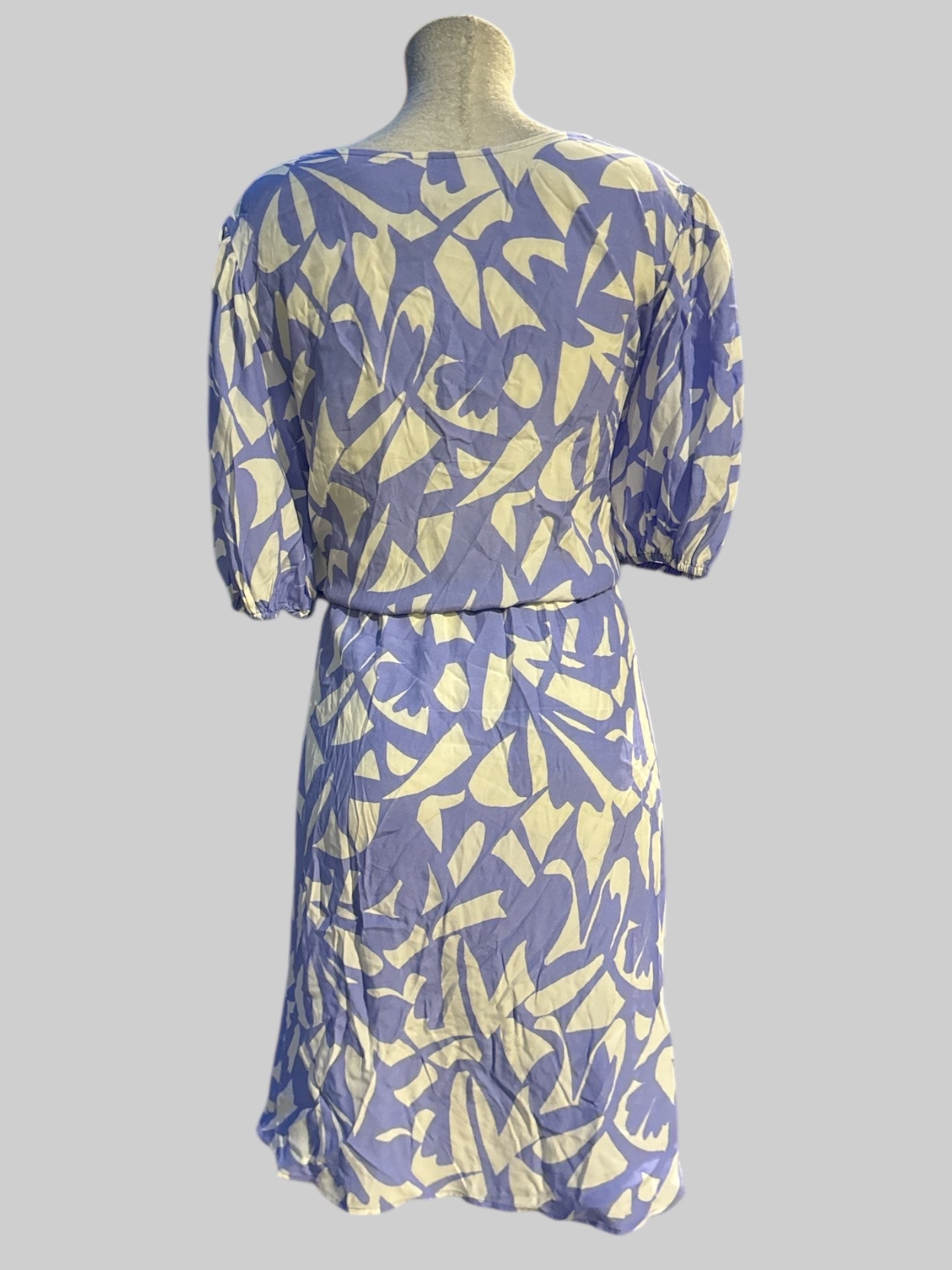 3X periwinkle blue and white pattern faux wrap dress with pockets
