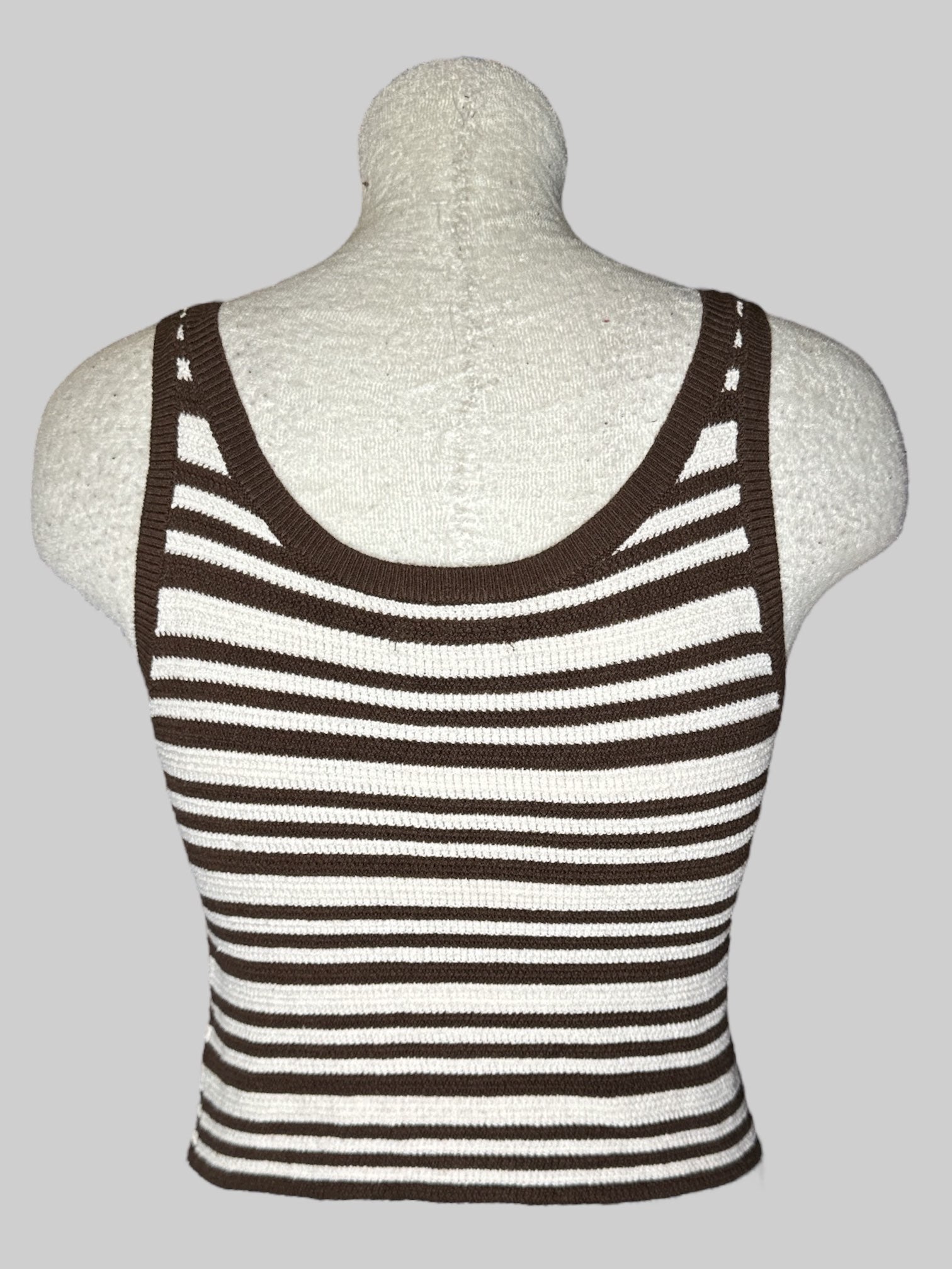 L Brown and white striped knit sleeveless stretchy crop top
