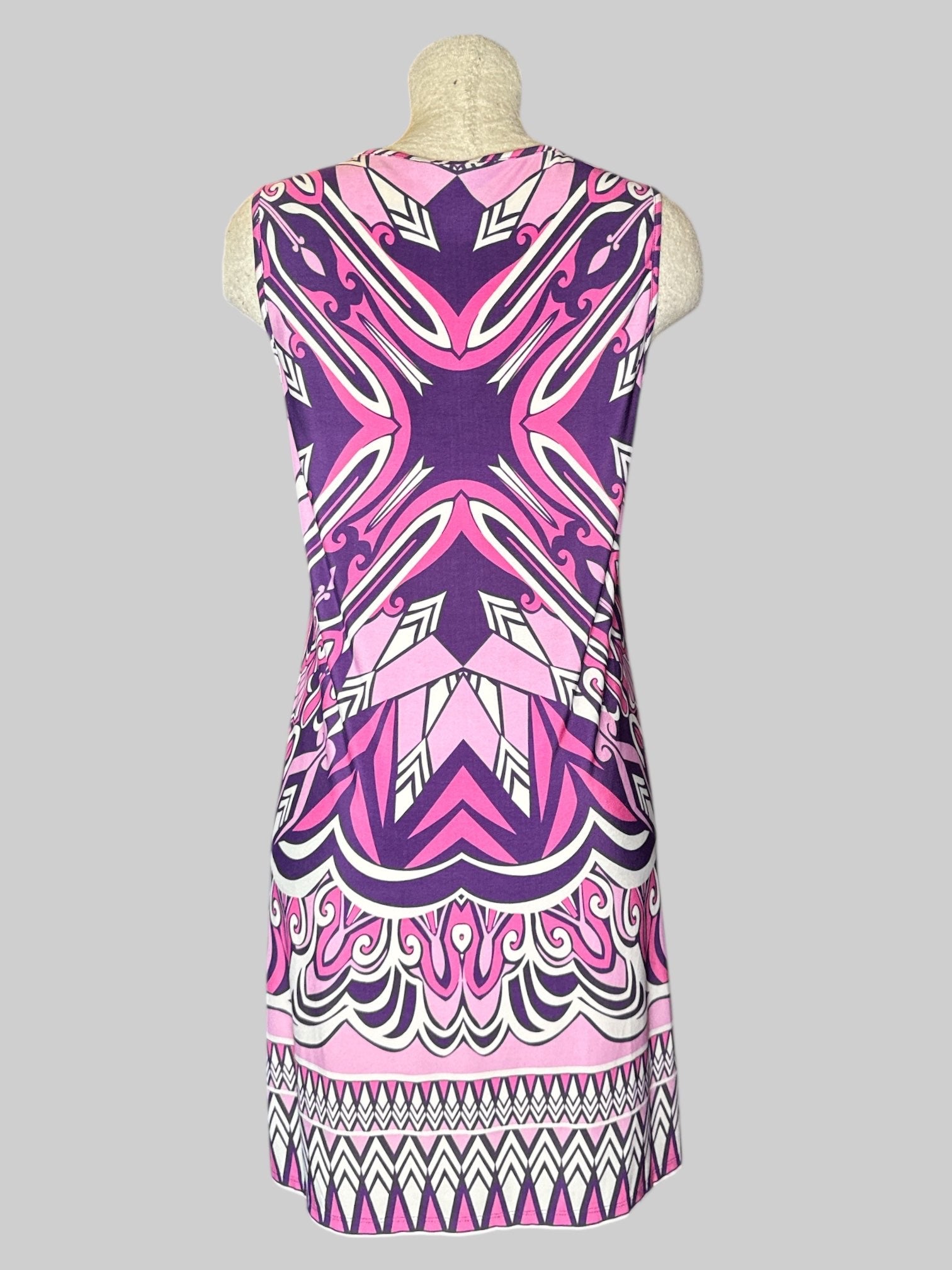 L Vintage stretchy purple, pink, and white geometric pattern dress