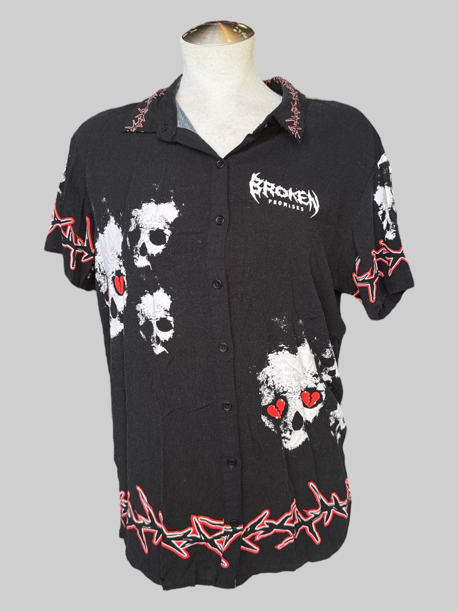 L “Broken Promises” black button up t shirt