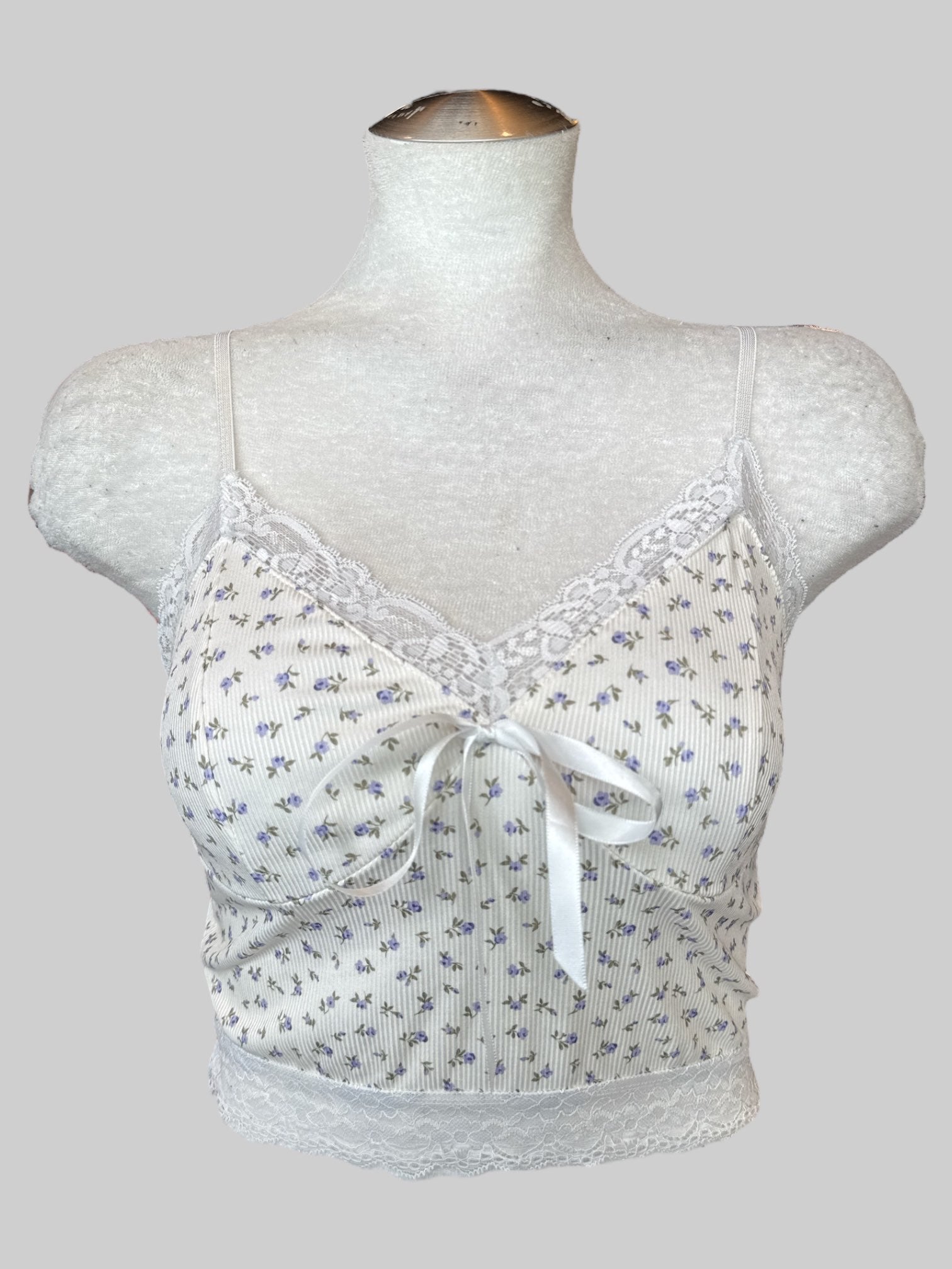 M white crop top with blue purple florals and lace trim