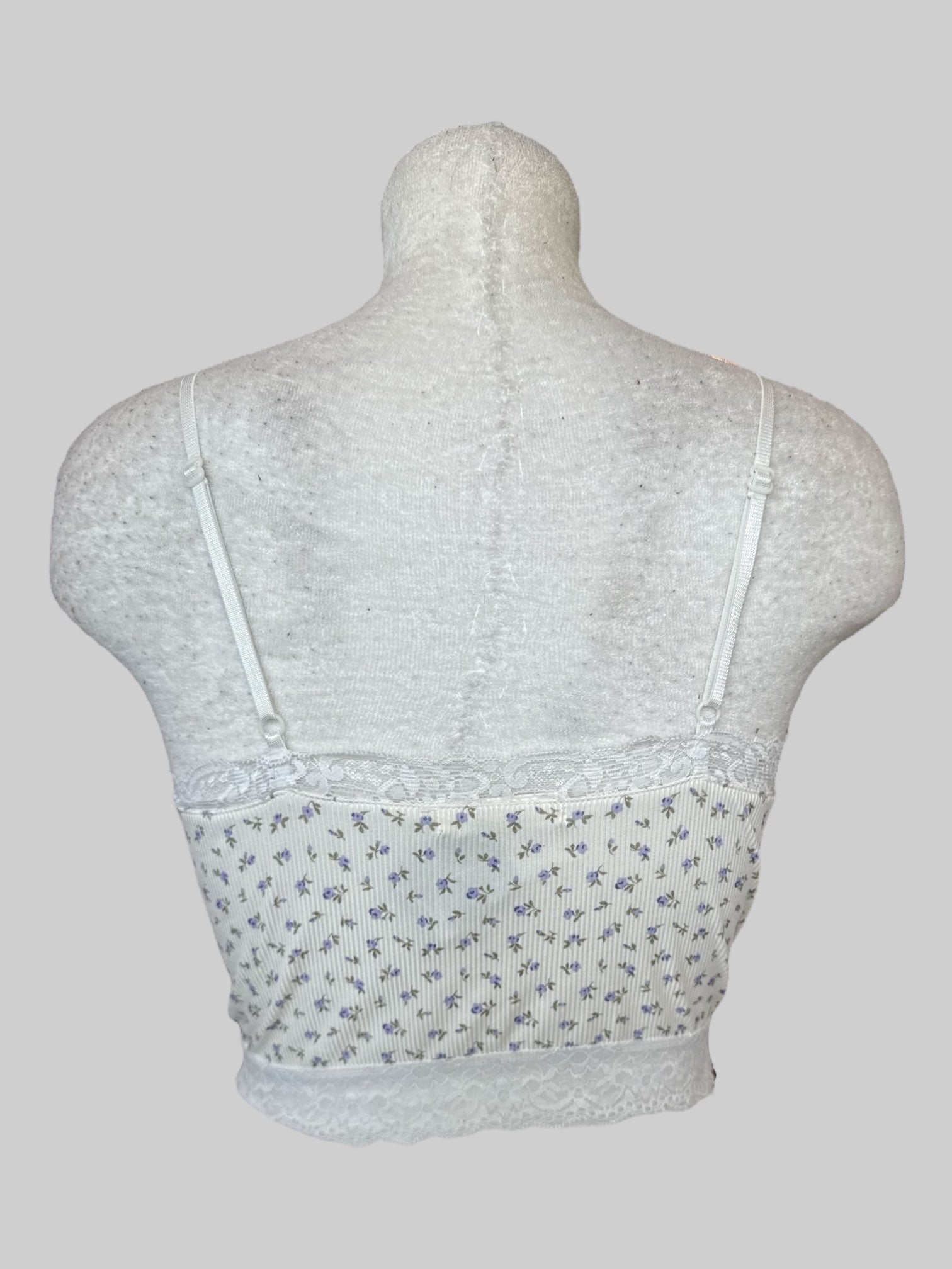 M white crop top with blue purple florals and lace trim