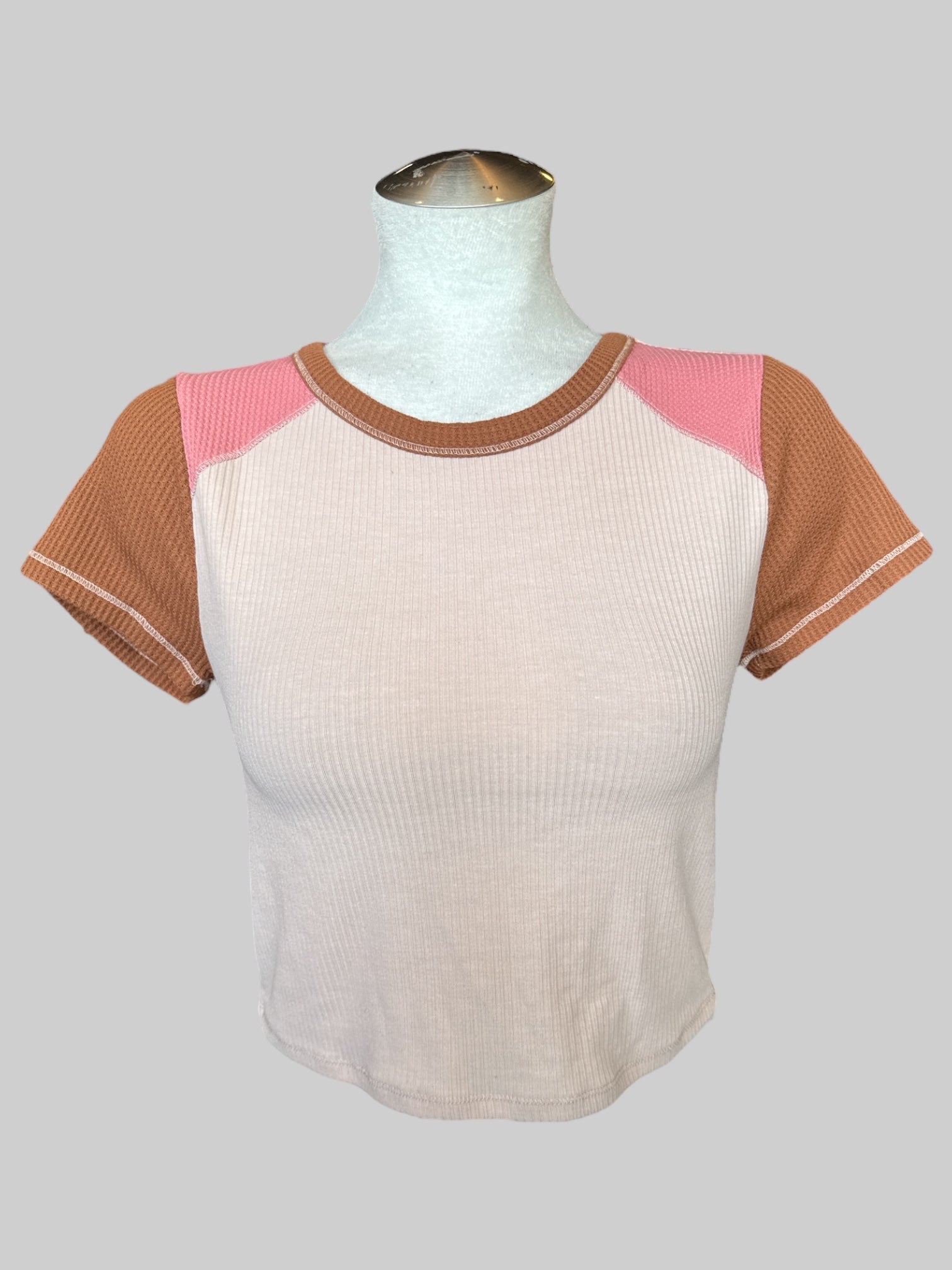 S light pink, pink, and brown color block baby tee