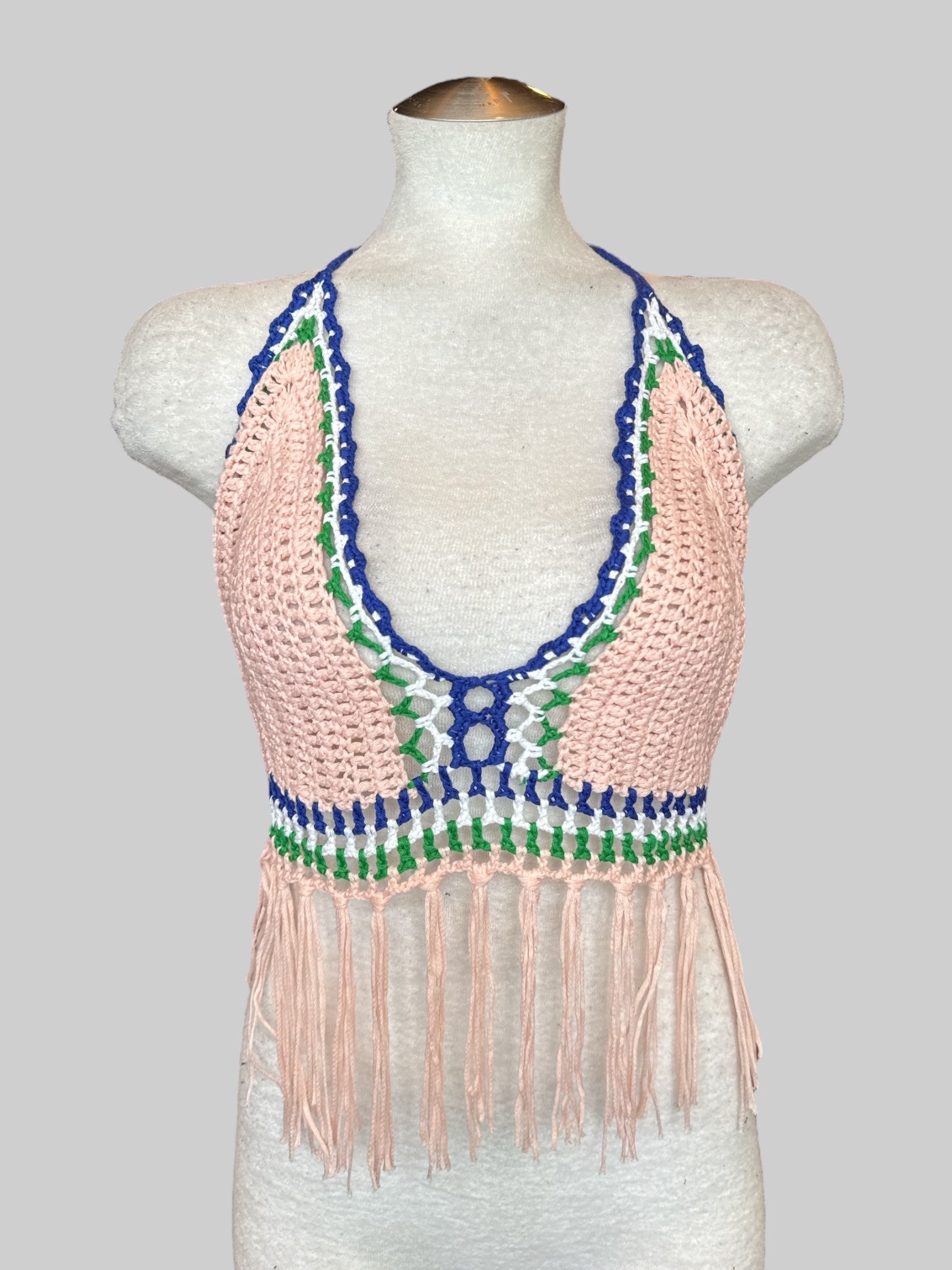 4X knit multicolor halter top with fringe