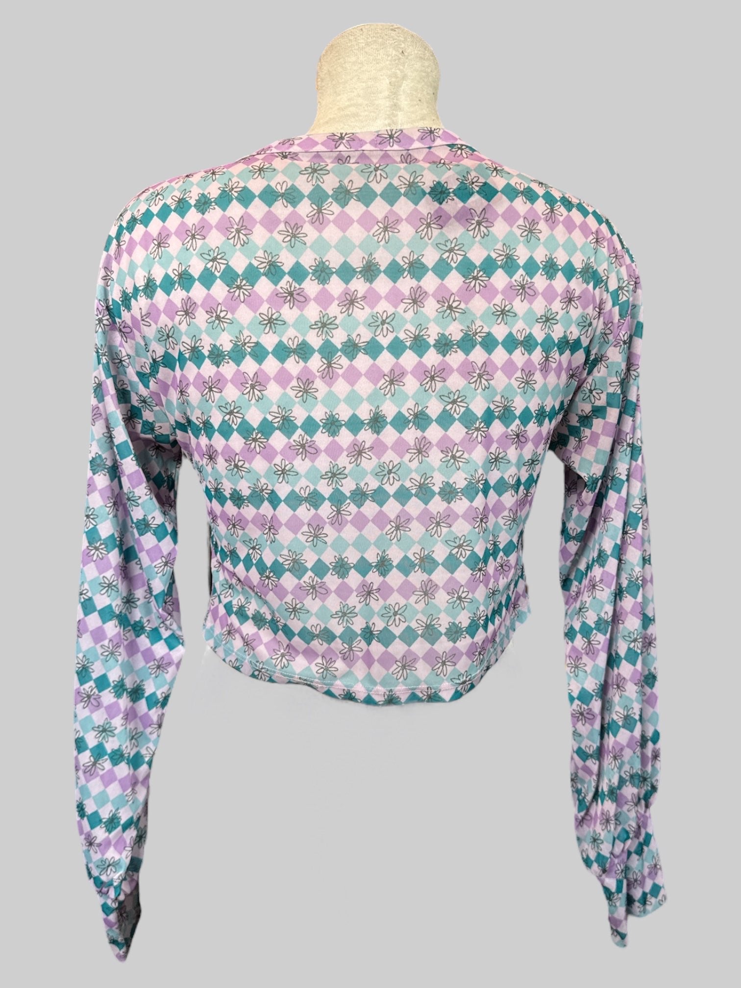 L Blue, purple, and white checkered button up crop top with black florals and ruching