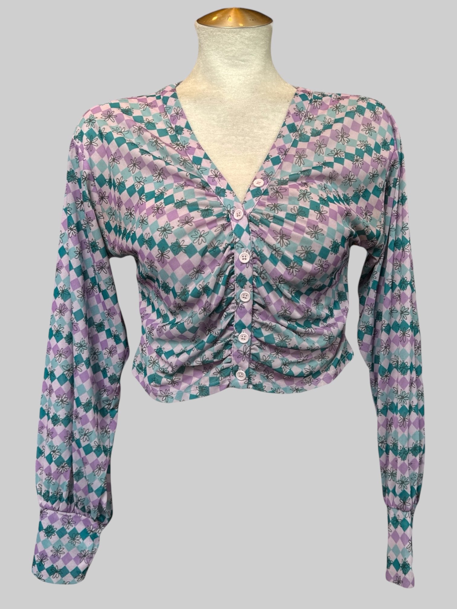 L Blue, purple, and white checkered button up crop top with black florals and ruching