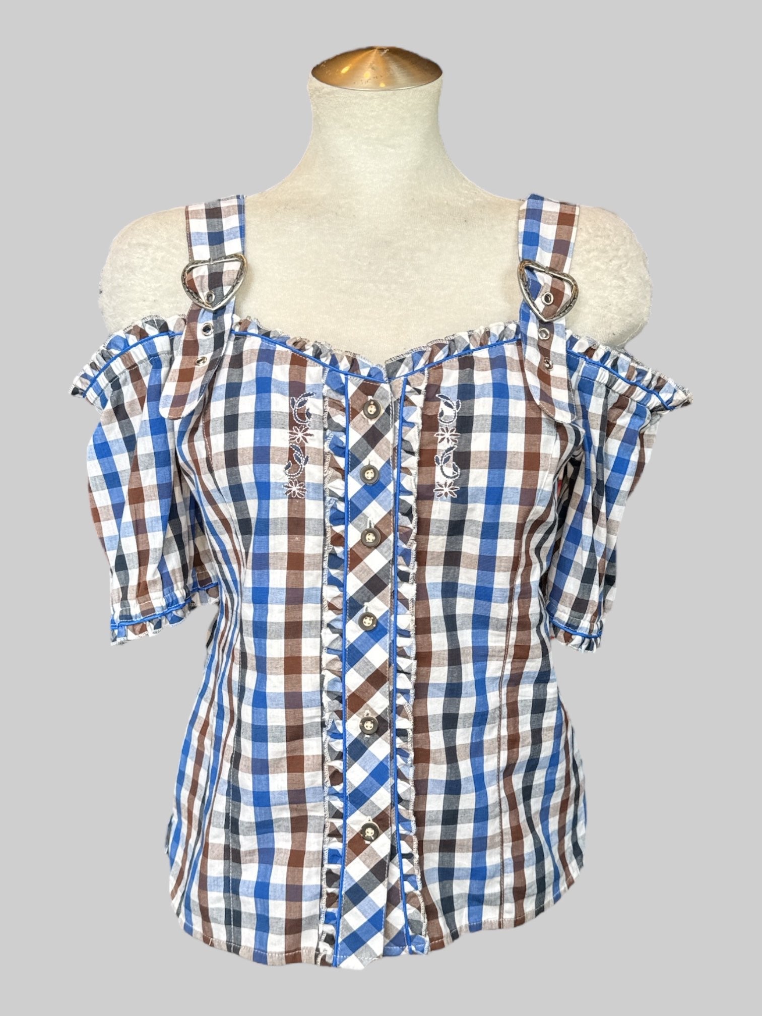 M Brown, white, blue, black gingham button up top with cold shoulders, heart strap buckles, ruffle details, and lace back