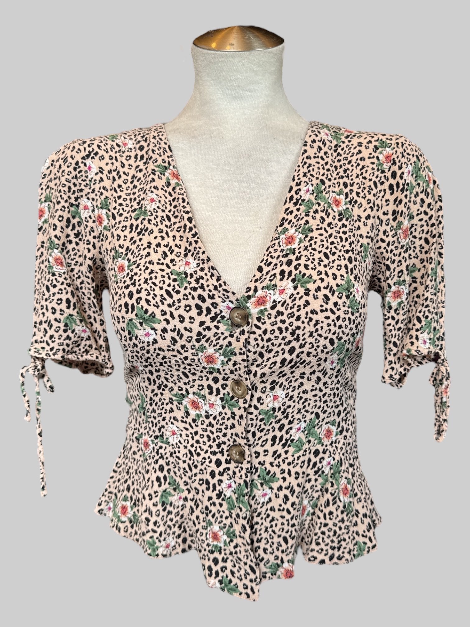 S Tan short sleeve button up cardigan with animal print and florals