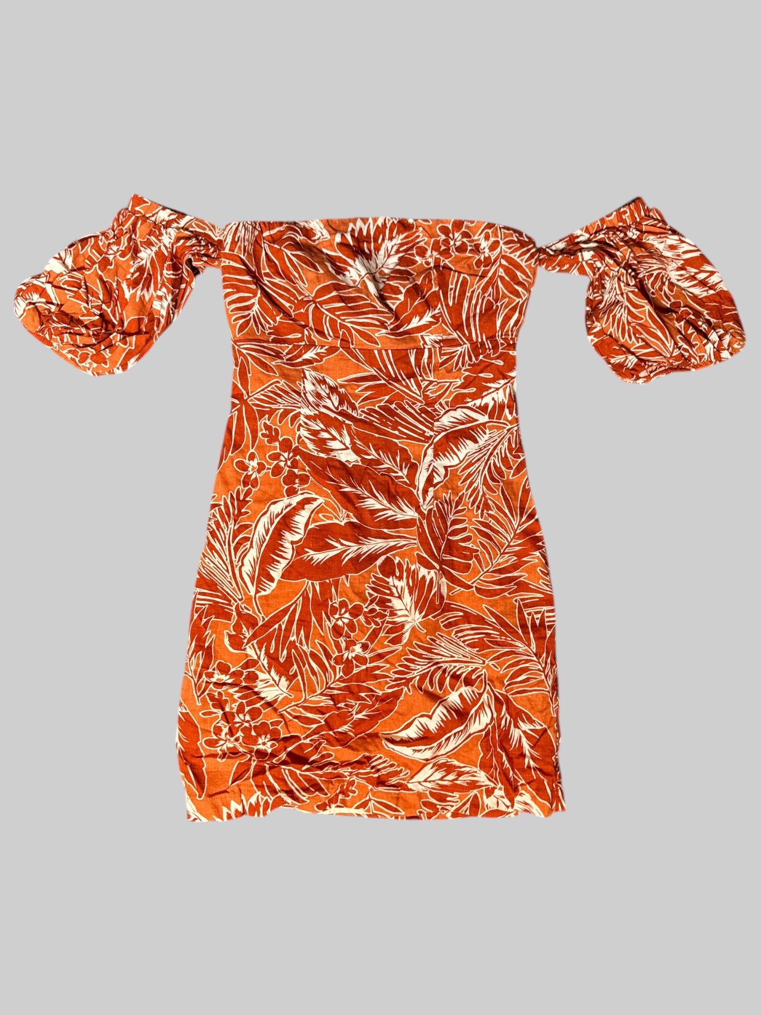 XS Orange, brown, and white botanical dress with off the shoulder balloon sleeves