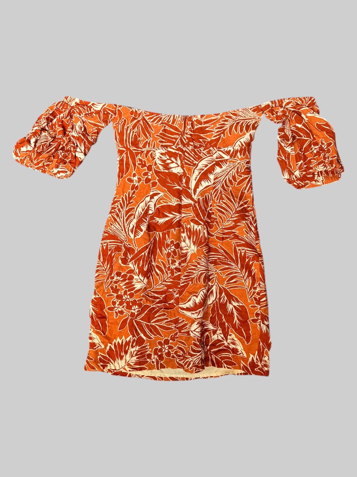 XS Orange, brown, and white botanical dress with off the shoulder balloon sleeves
