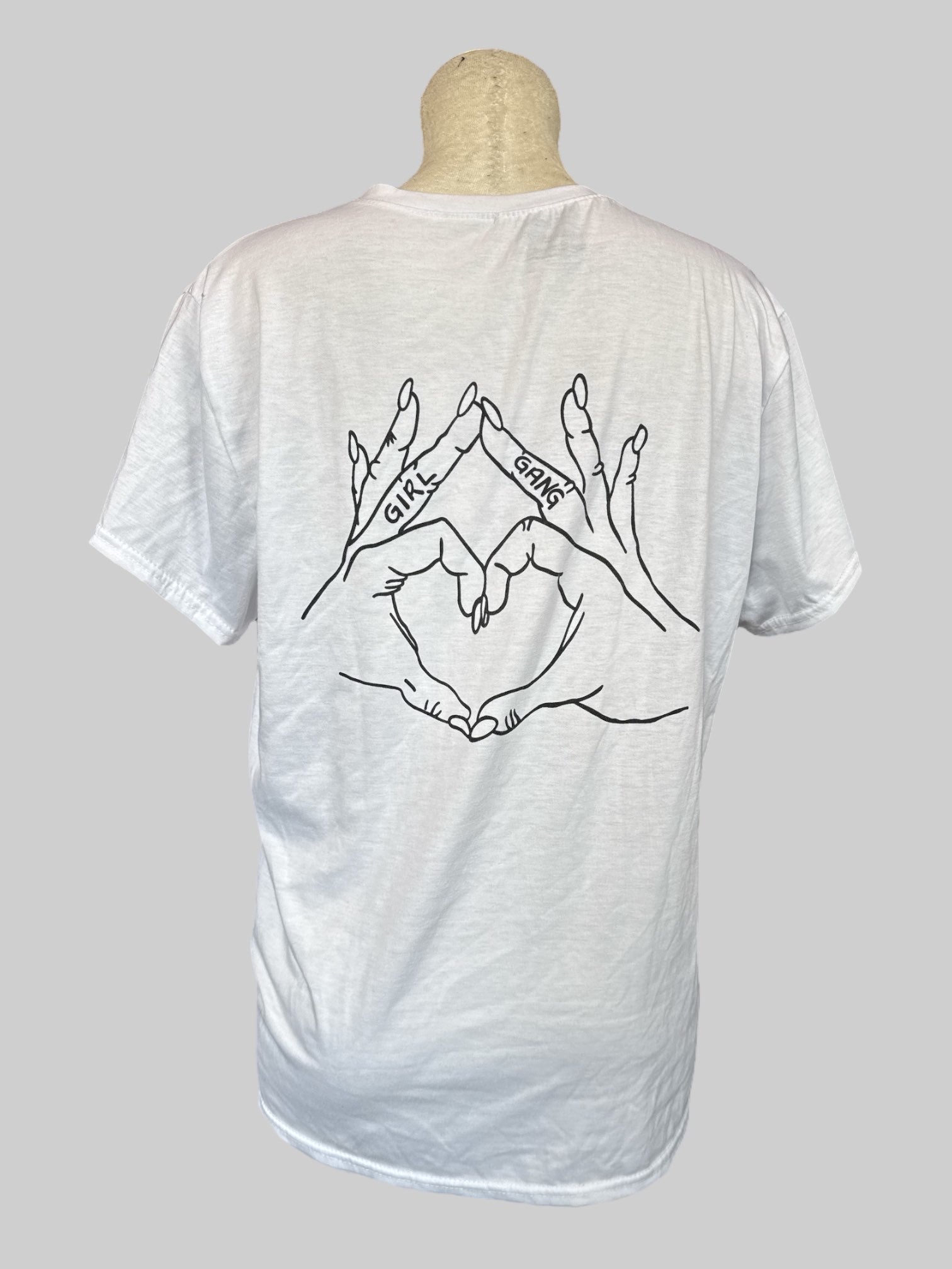 L White t shirt with “Girl Gang” graphic on back