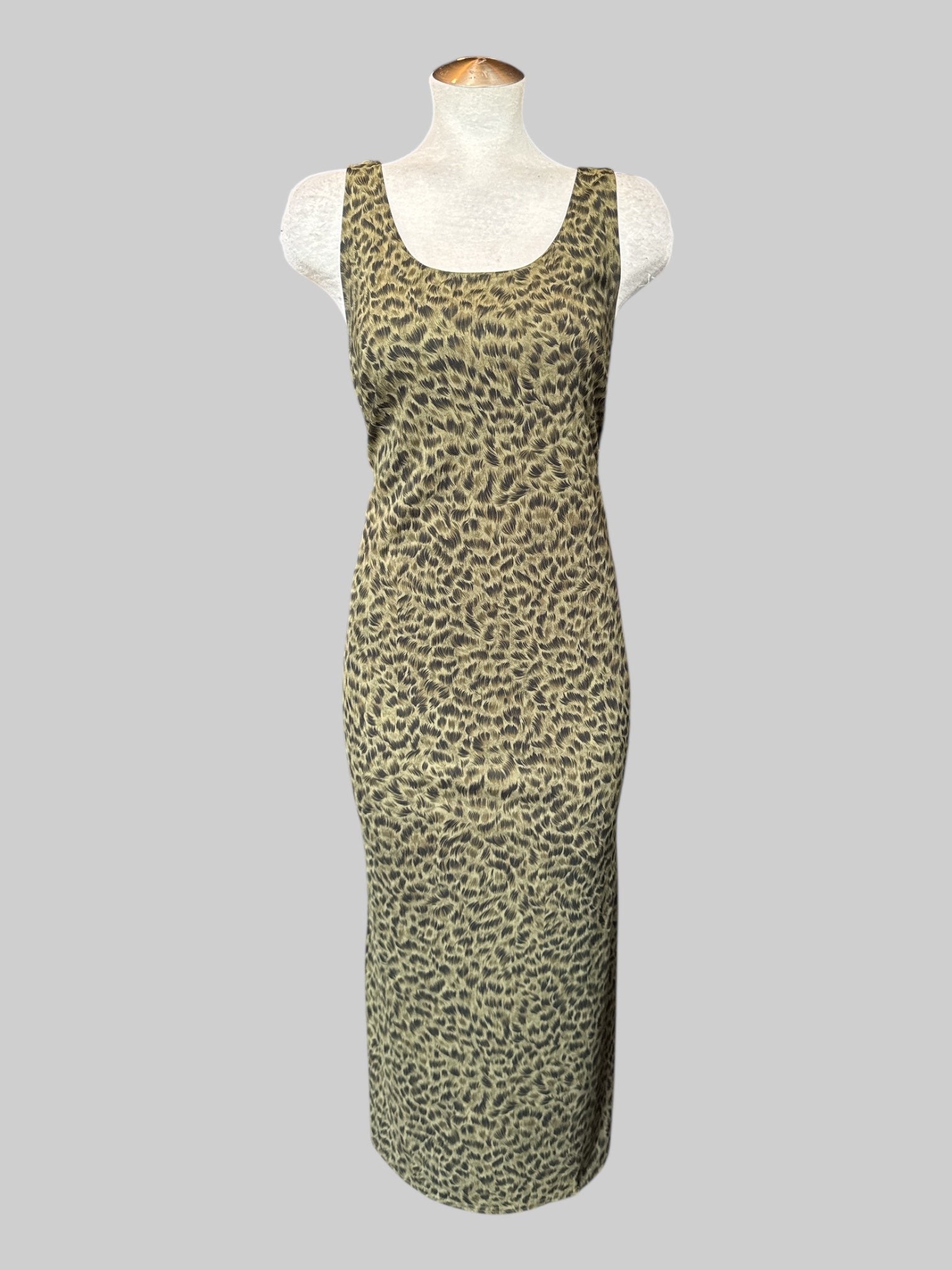 L Vintage green maxi dress with black and brown pattern