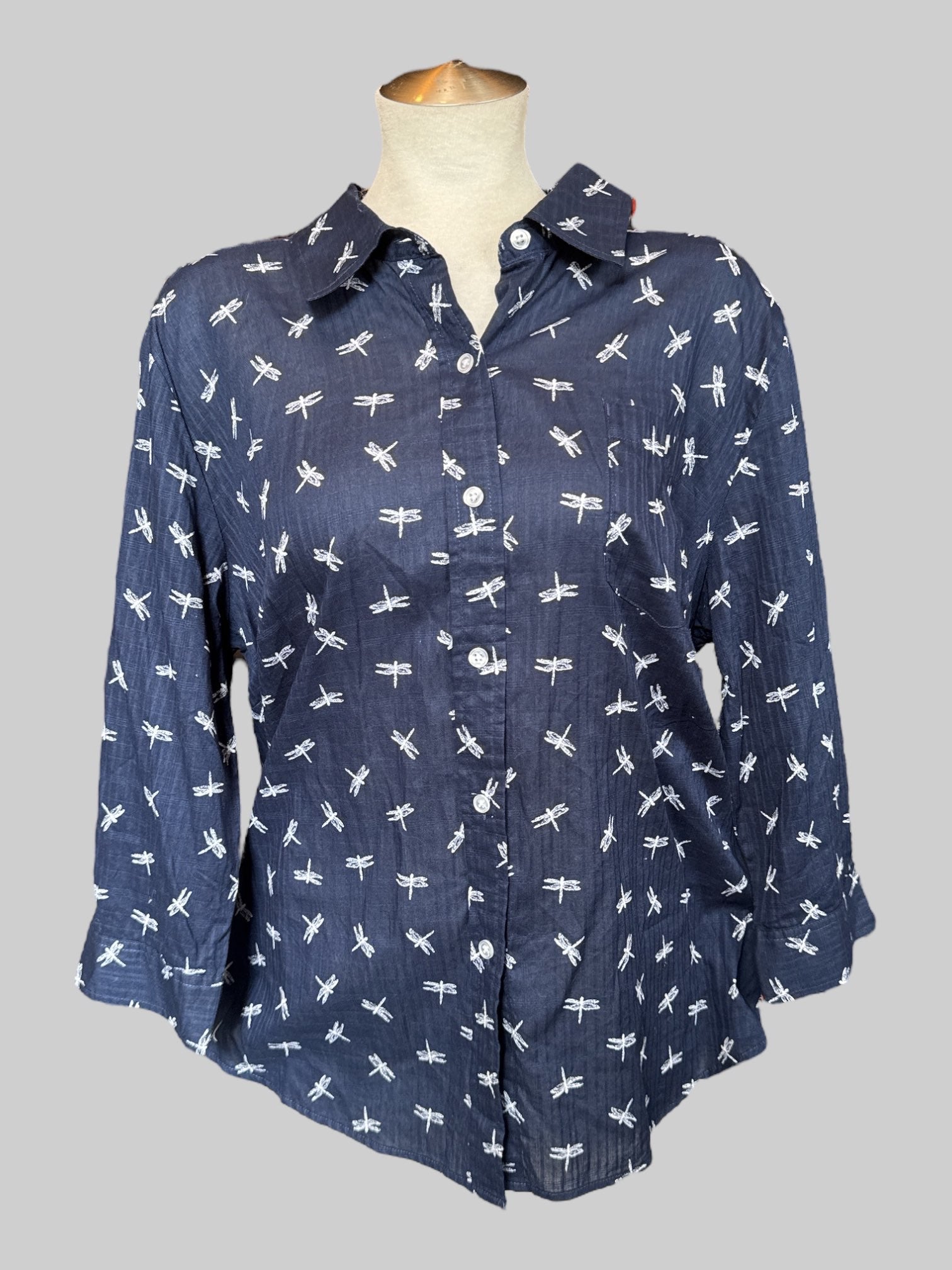 XL Blue button up with white dragonfly pattern and 3/4th sleeves