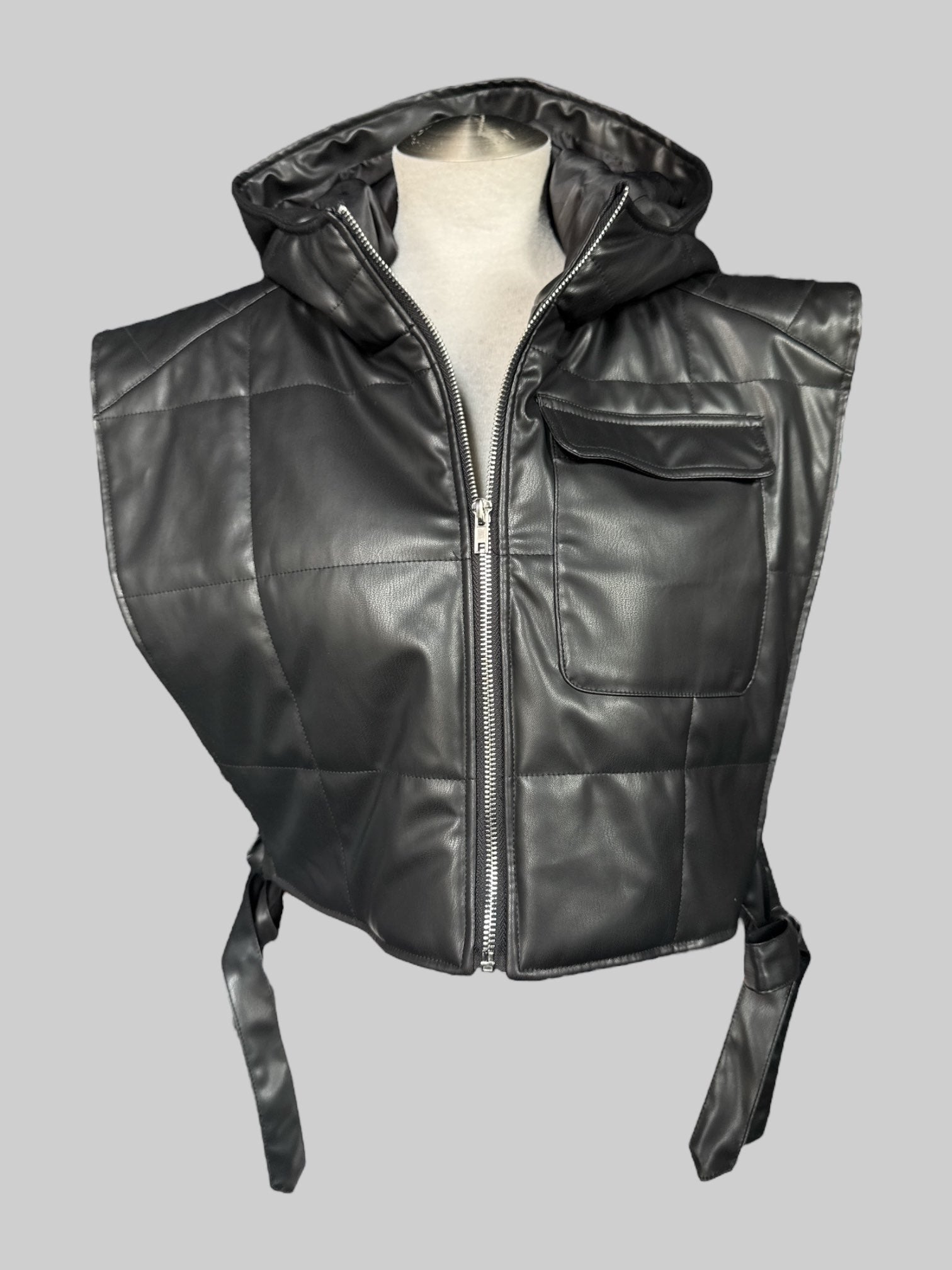 NWT Black quilted pleather hooded cropped cape with side ties