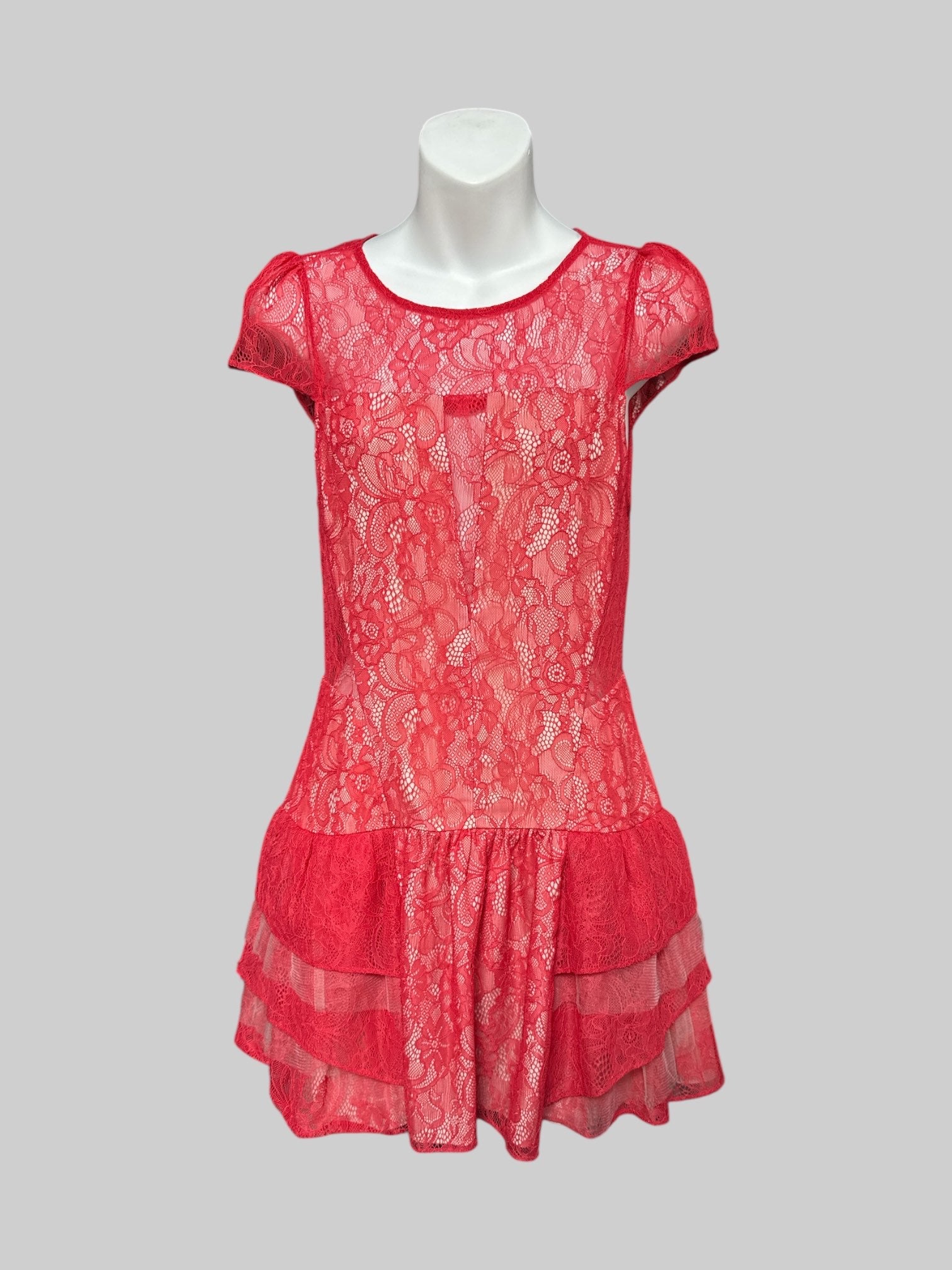 XS Red lace and tule dress with pleated bottom $15  No stretch no pockets  100% polyester