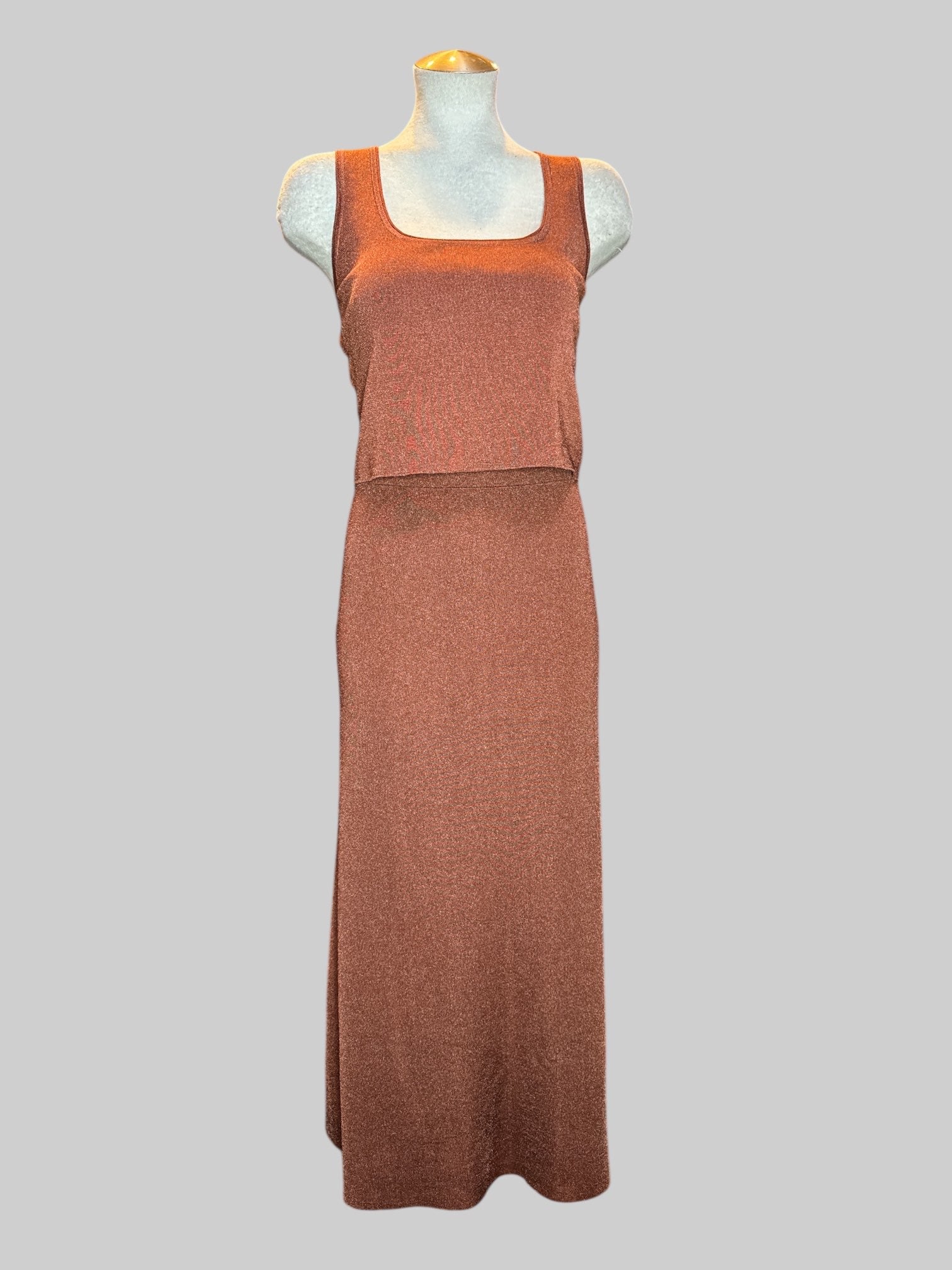 2X Brass ribbed metallic knit two piece set with tank top crop top and skirt
