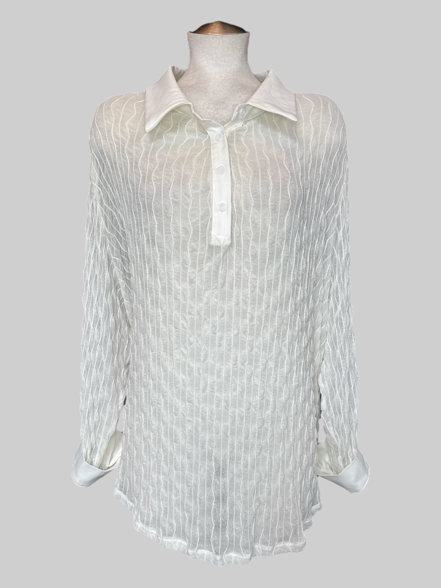 6X Flowy long sleeve sheer knit textured top with collar