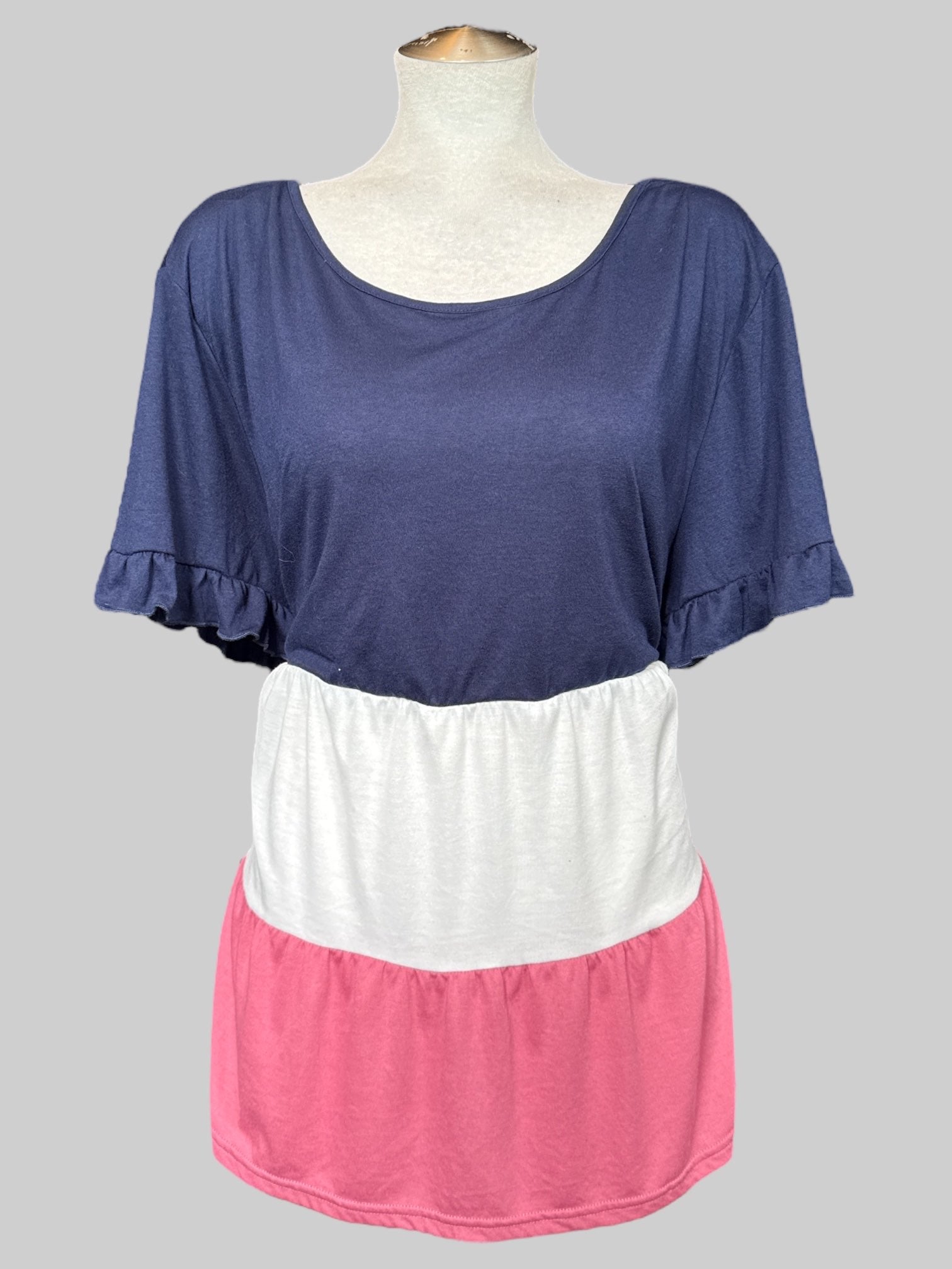 3X flowy blue, white, and pink color block top with ruffle sleeves