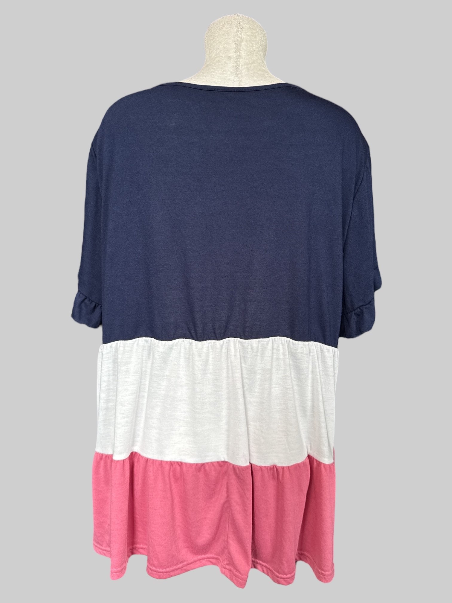 3X flowy blue, white, and pink color block top with ruffle sleeves