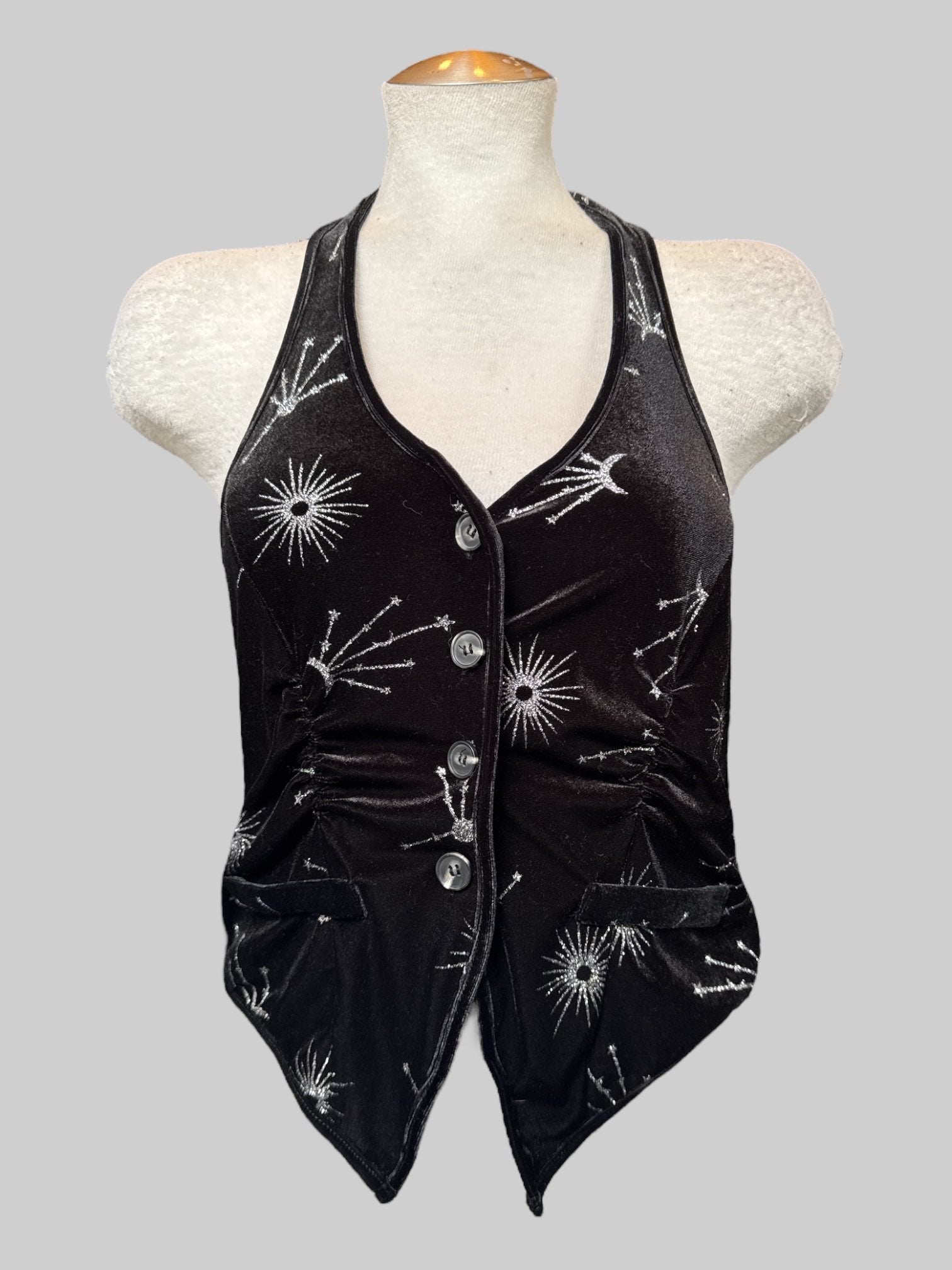 L Black velvet halter top with buttons, celestial glitter designs, and faux pockets