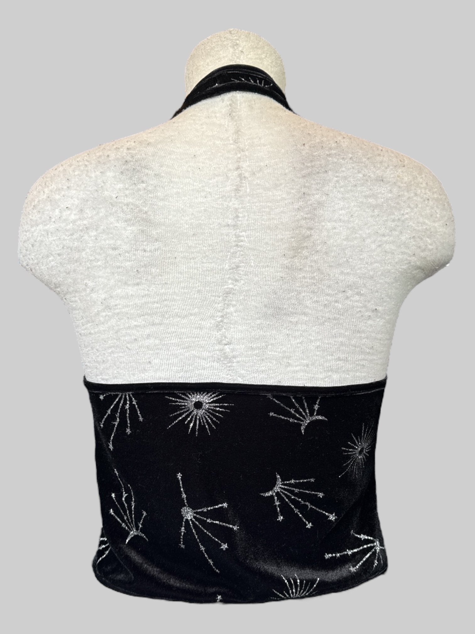 L Black velvet halter top with buttons, celestial glitter designs, and faux pockets