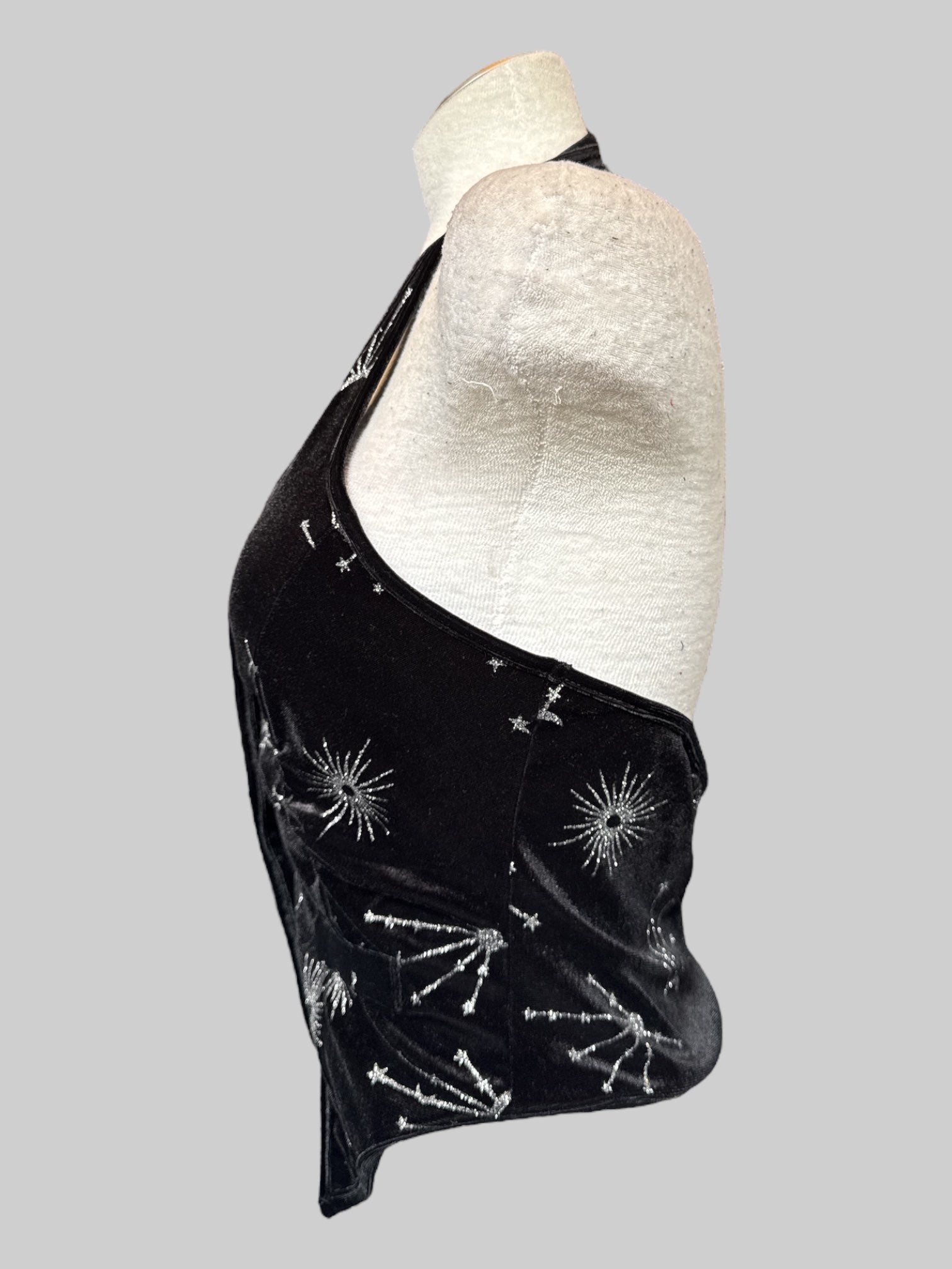 L Black velvet halter top with buttons, celestial glitter designs, and faux pockets