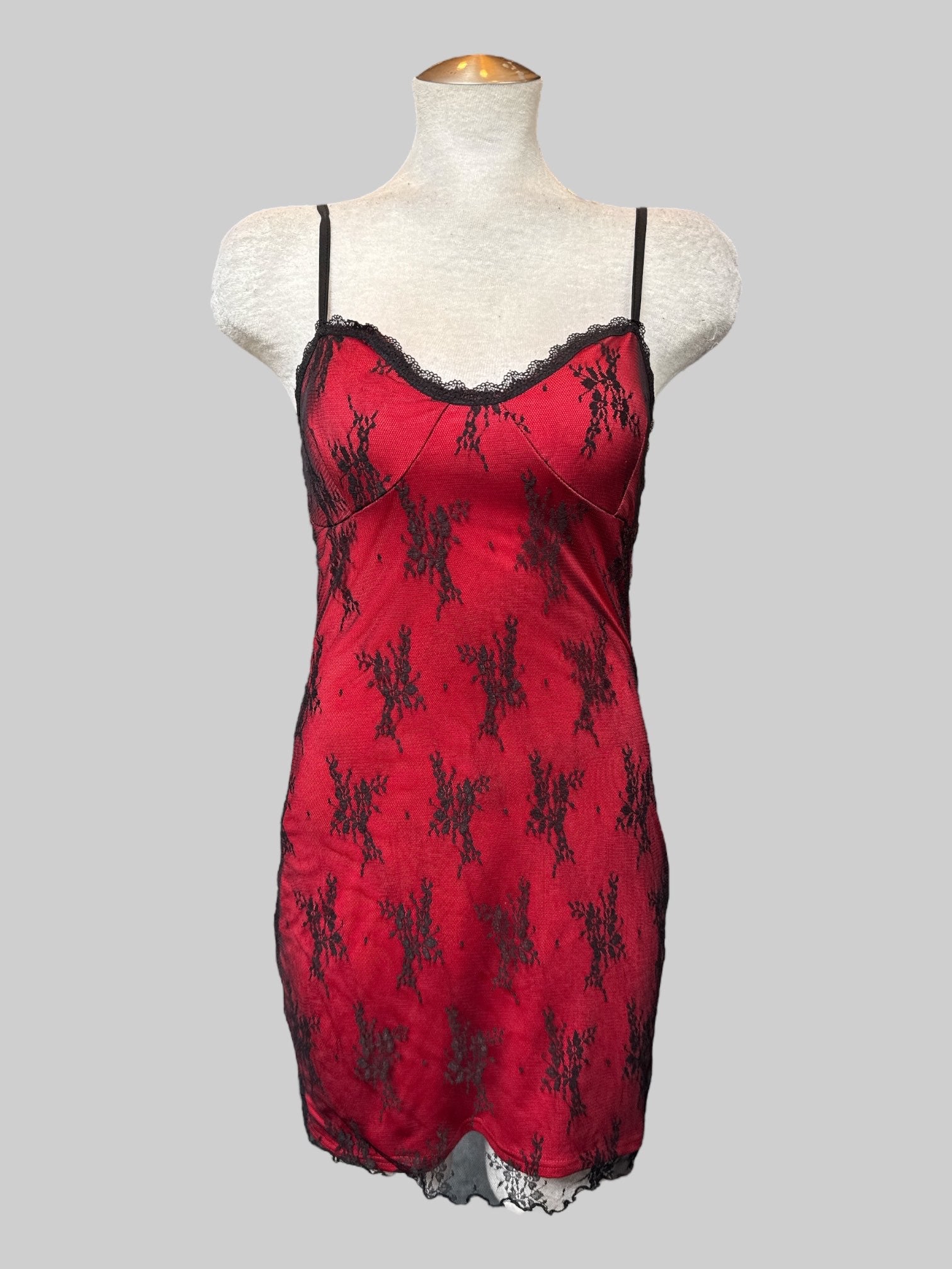 L Red slip dress with black lacey overlay