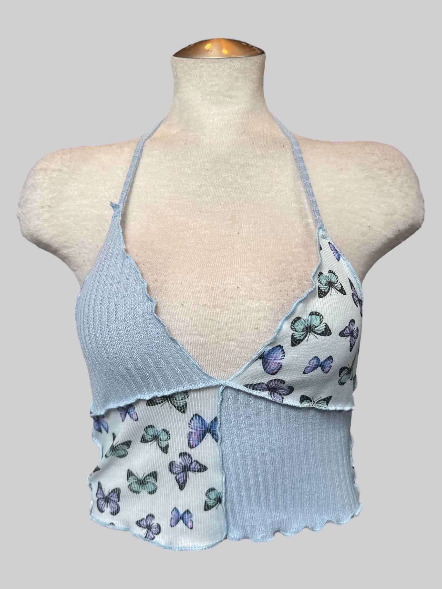 S Blue butterfly color block halter top with lettuce trim